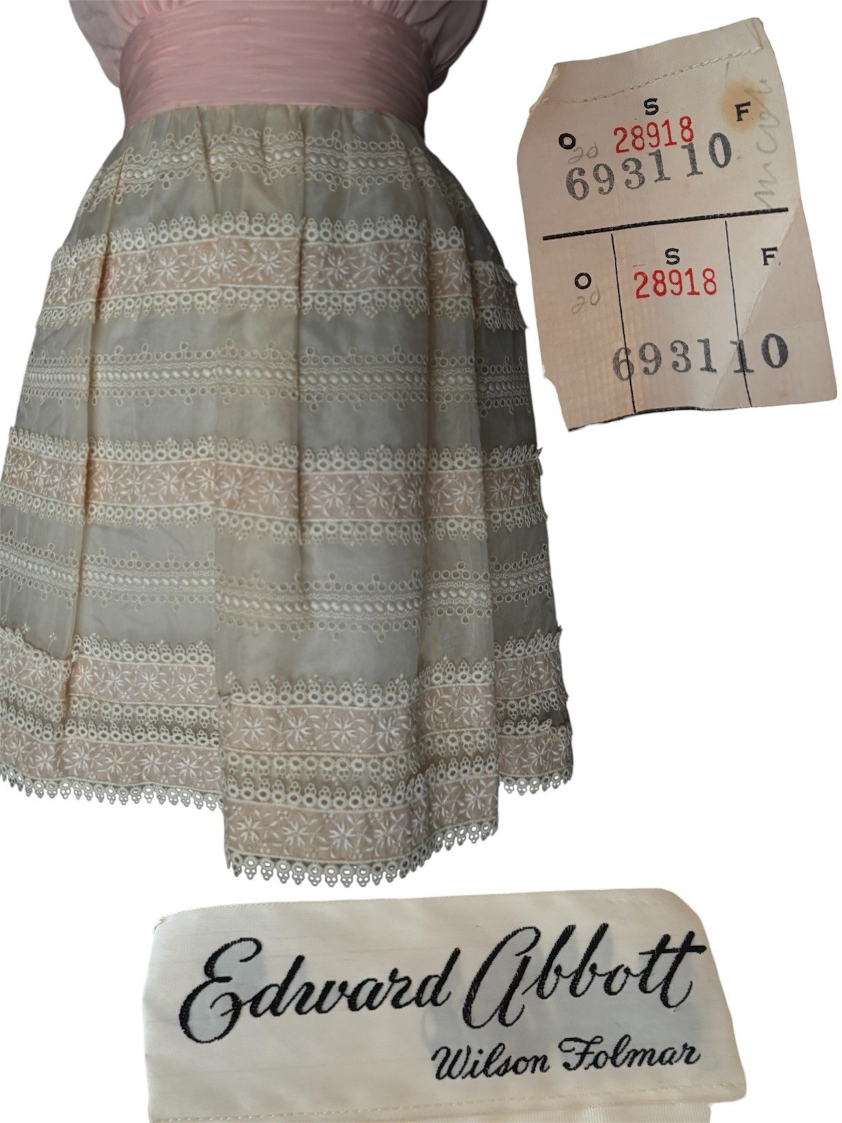 Vintage Edward Abbott Wilson Folmar Pink Beige White Lace Vintage Mini Dress