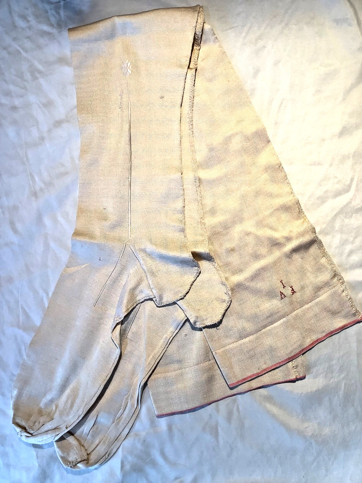 Antique silk Victorian knit Stockings ivory 10 hand sewn Monogram lisle France