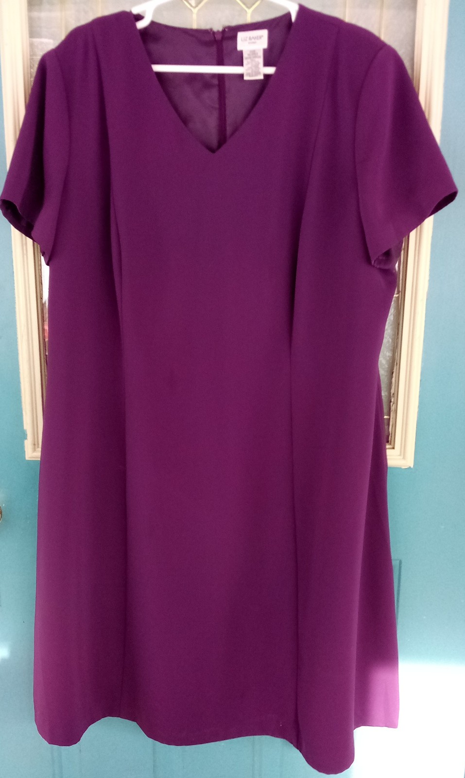Liz Baker Purple Fully Lined S/S Polyester Sheath Dress with V Neckline Size 22