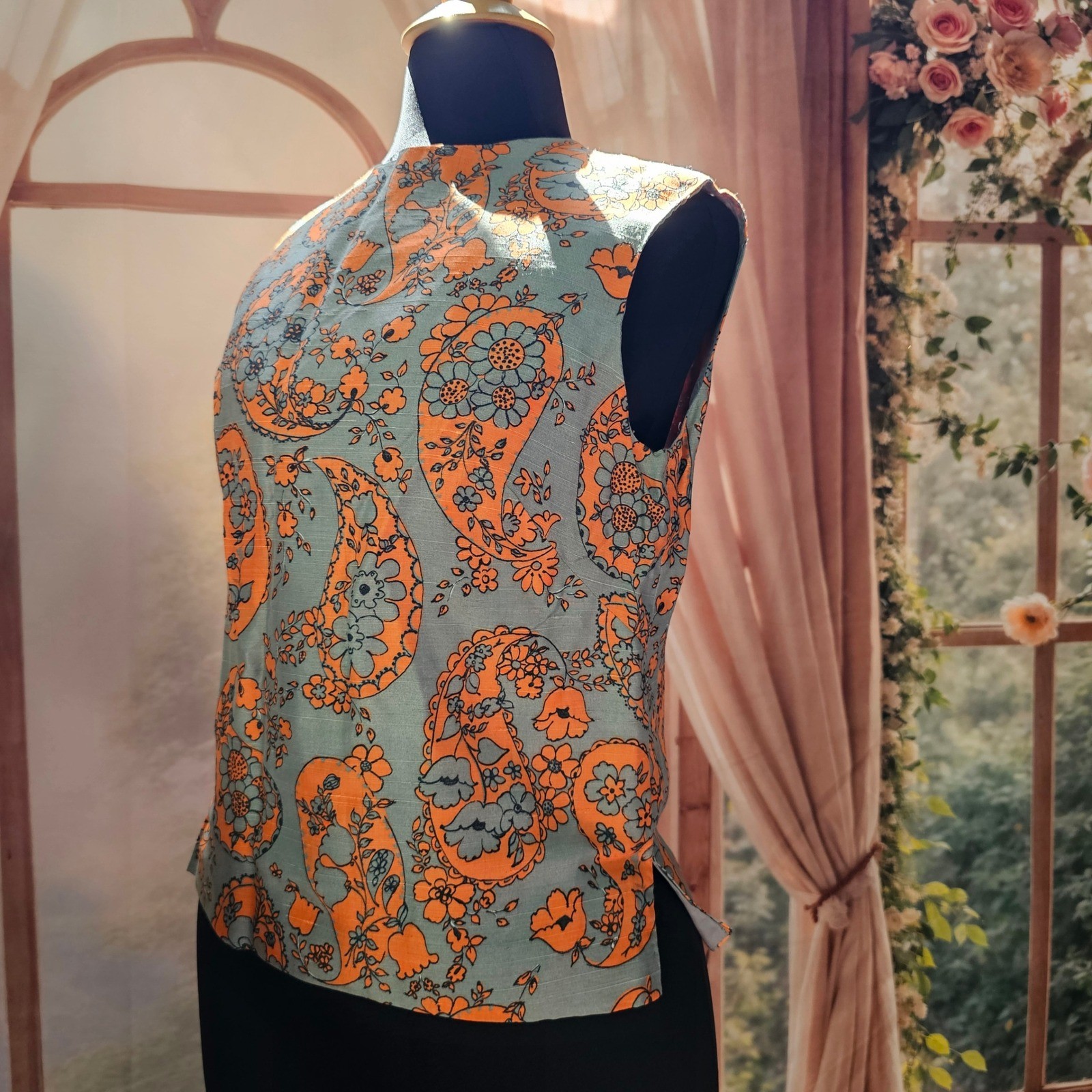 Vintage 1960s Paisley Dress Set Shift Top Blouse Fringed Shawl Grey Orange Mod