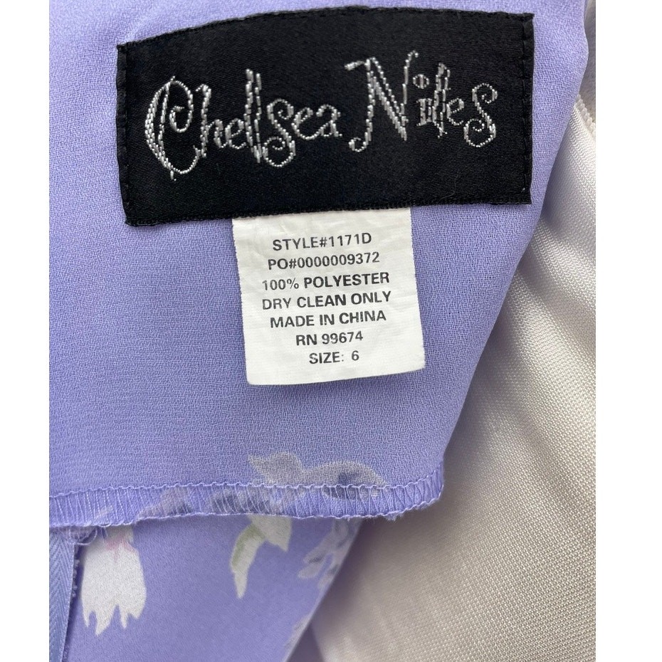 Vintage 90s CHELSEA NITES Purple Floral Chiffon Prom Dress (6) Rhinestone Fairy
