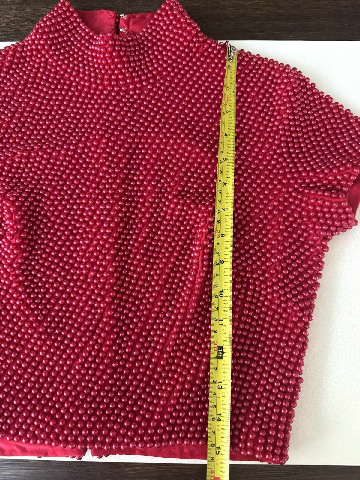 Vintage Cache Red Pearl Beaded Top 80s 90s Mock Neck Editorial Glam Sz 8