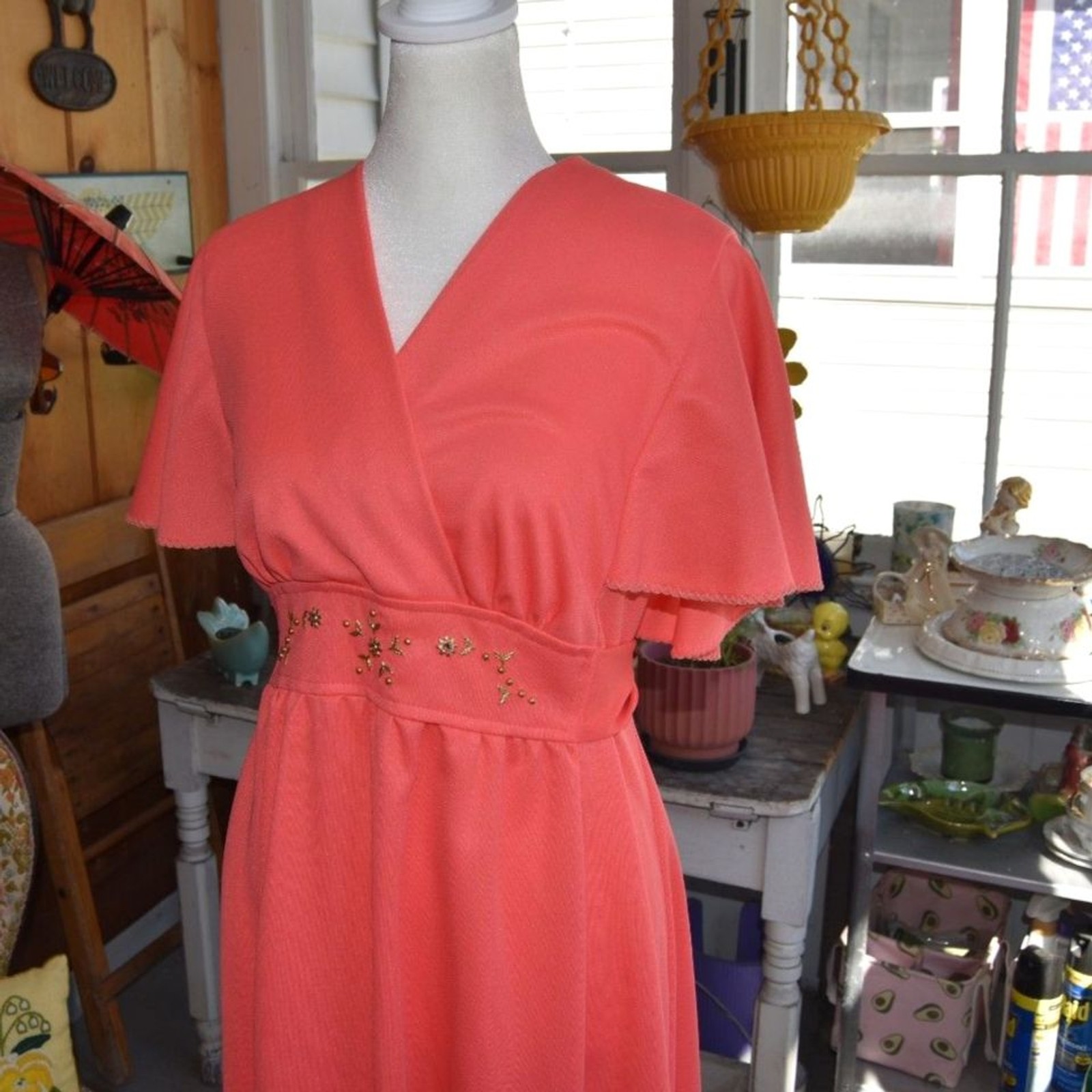 Vintage 70s Coral Hostess Gown Maxi Dress Empire Waist Flutter Sleeve L