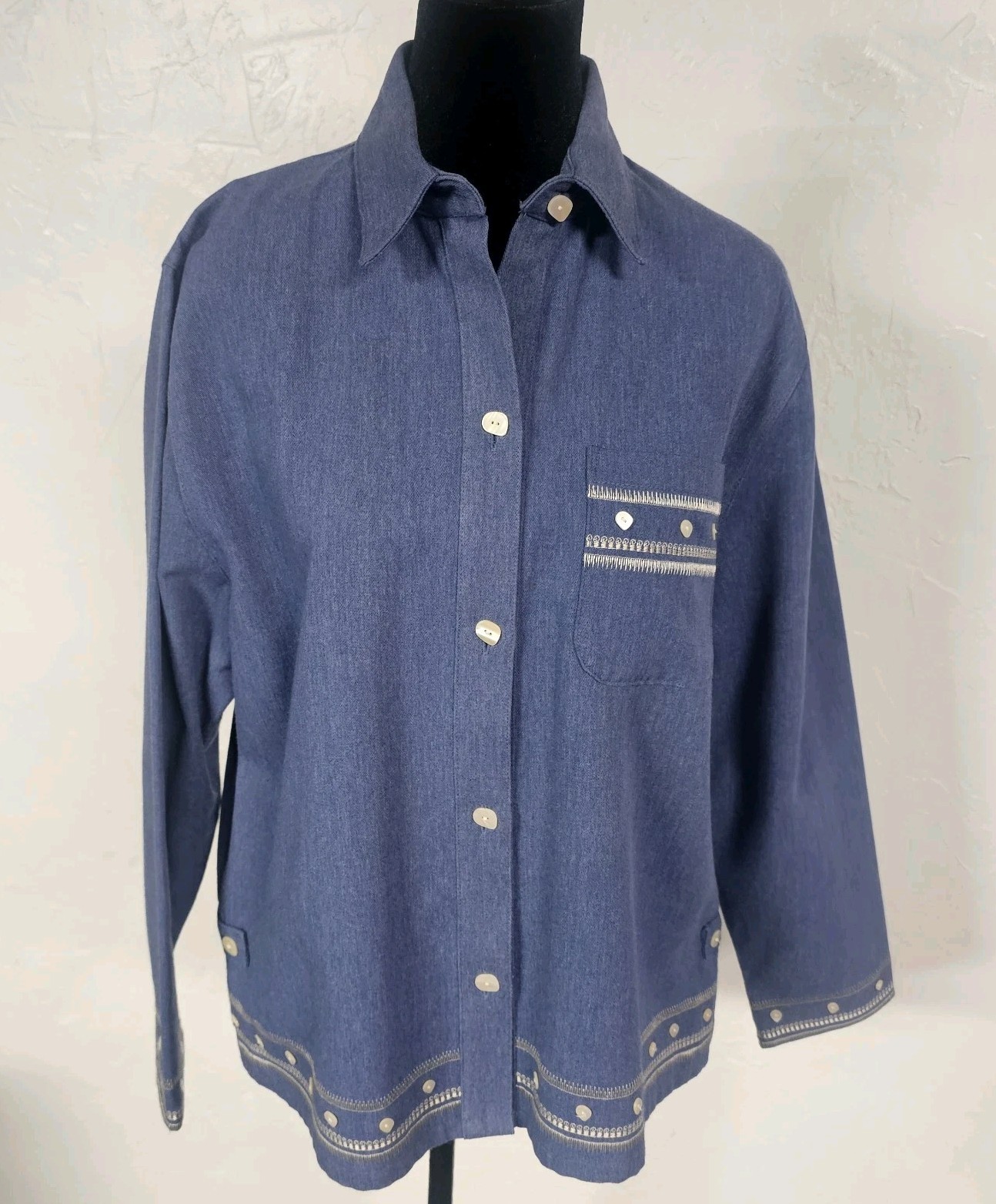 Vintage Bon Worth Women’s Denim Blouse Embroidered Country Americana Size S