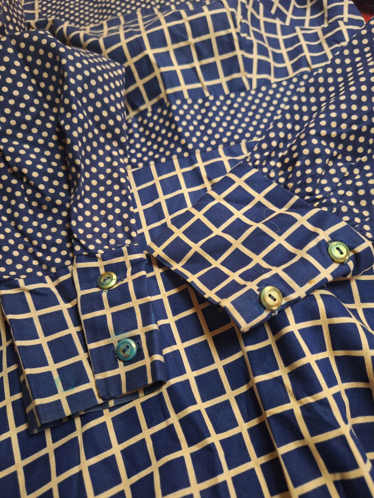 True VTG Mid-century Mod 1960s 70s High Neck Mini Dress Polka Dot Pinafore XS/S