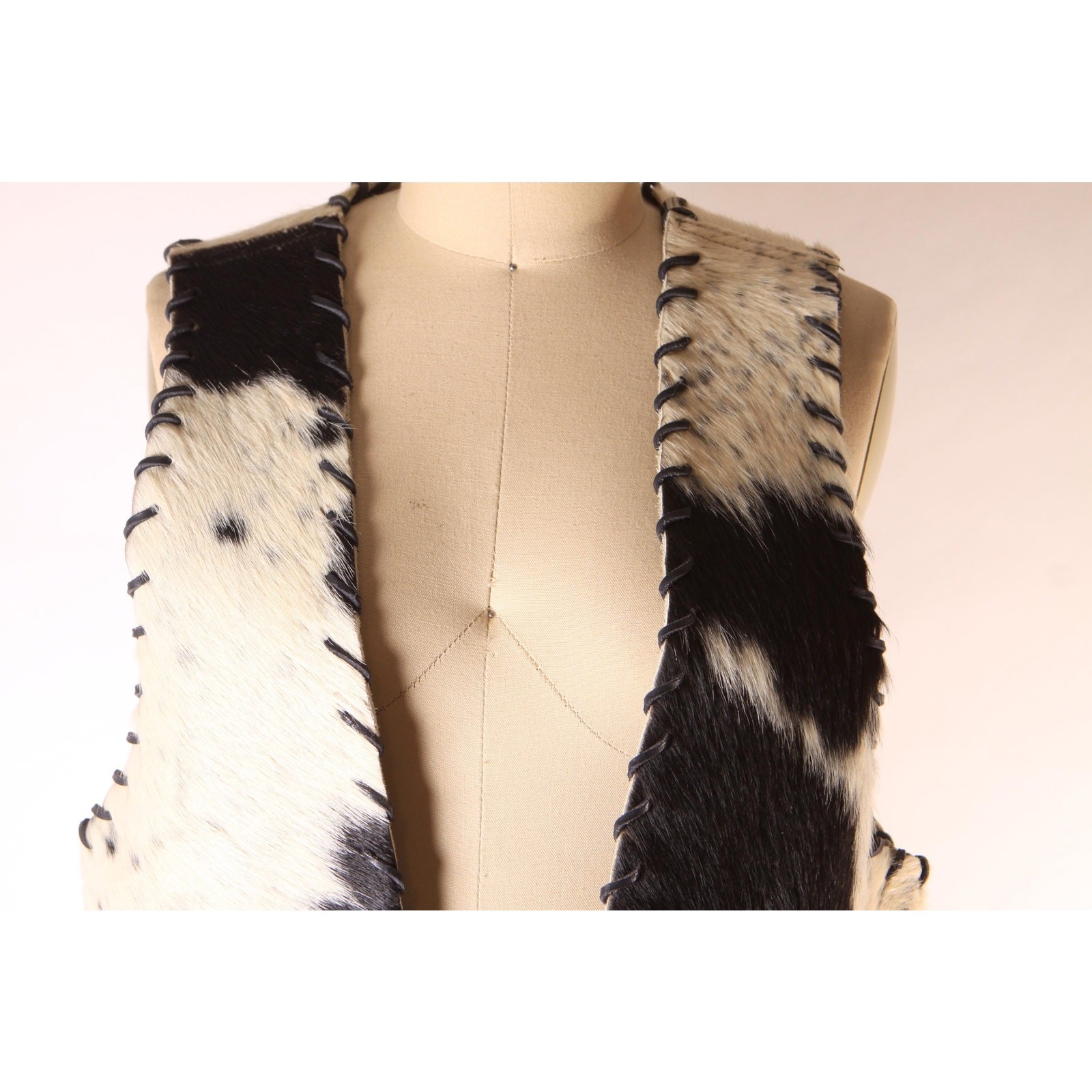1970s Black White Cowhide Leather Hair Cow Print Open Front Western Cowgirl Vest