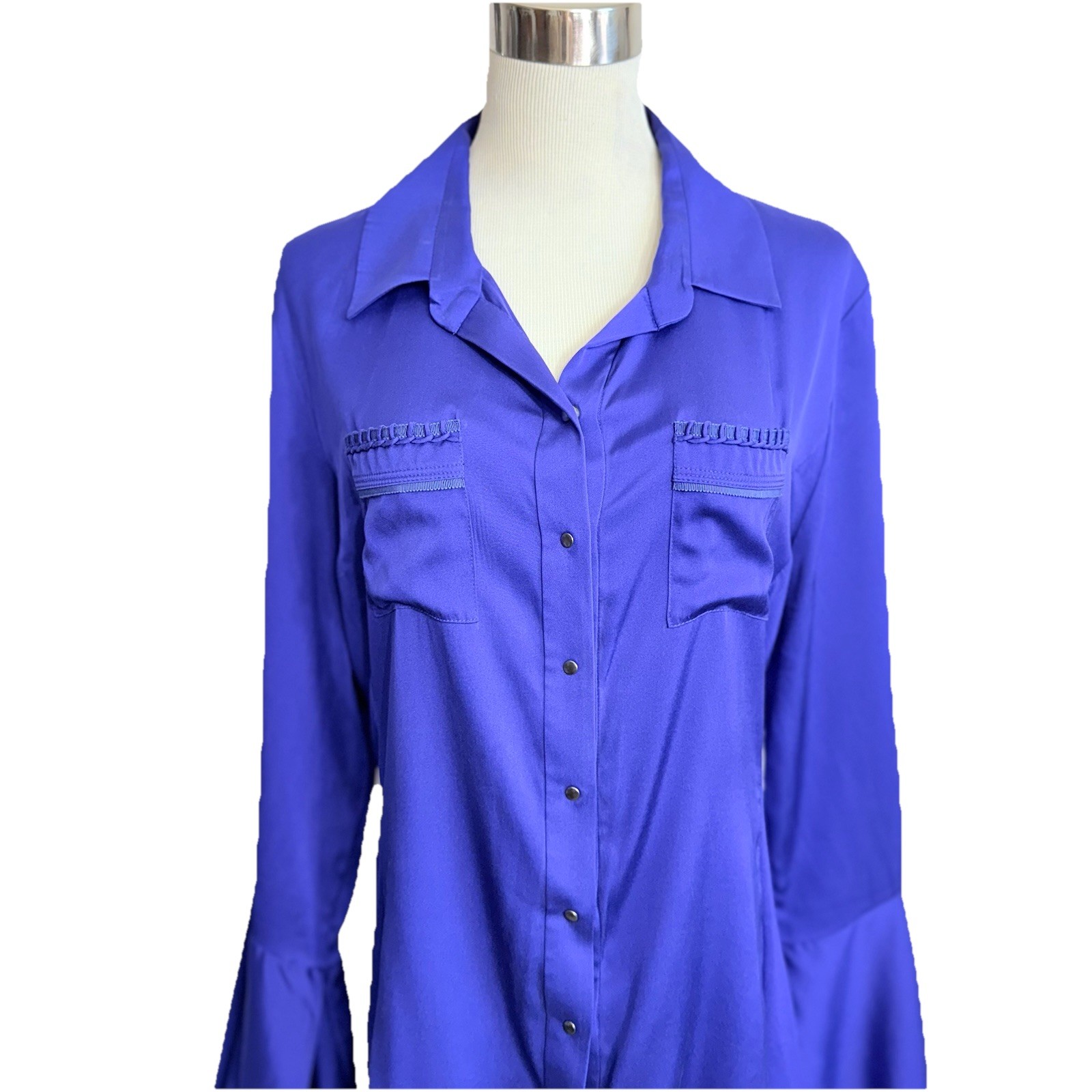 Y2K Indigo Bohemian Silk Blend Trumpet Bell Sleeve Snap Closure Blouse Women’s L