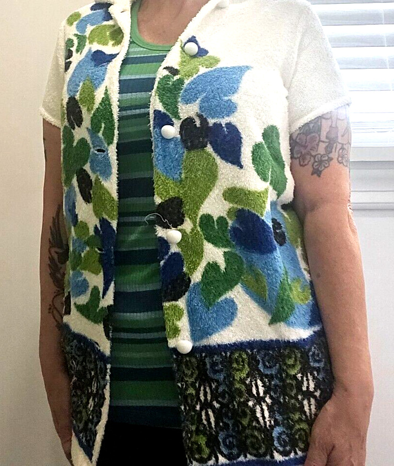 Vintage 60s Terrycloth Beach Coverup Bright Blue Green Unique Design S/M