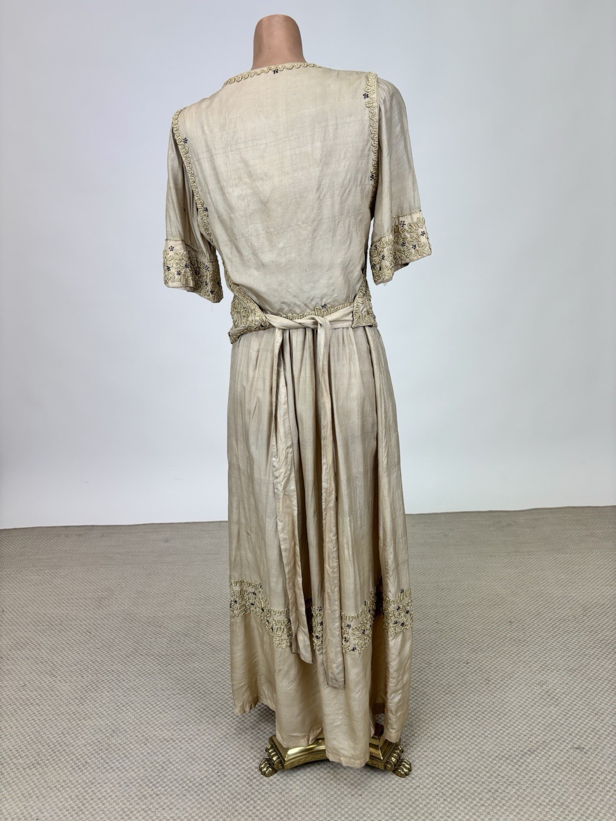 Antique Edwardian 1910s Beige Silk Day Dress Cording Blue Beads Wrap Bodice