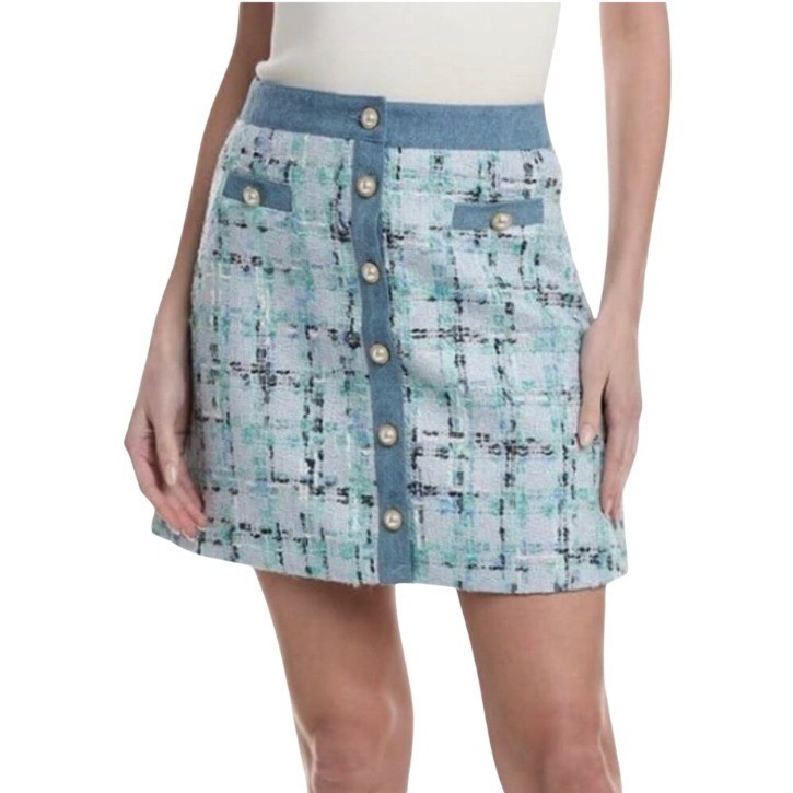 NWT Nanette Lepore Tweed A-Line Mini Skirt Blue Multi Pearl Button Sz 2 Parisian