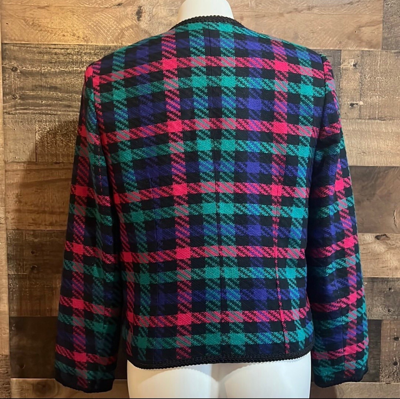 Vintage 90s Funky Colorful Bright Pink Purple Black Teal Plaid Jacket Blazer 8