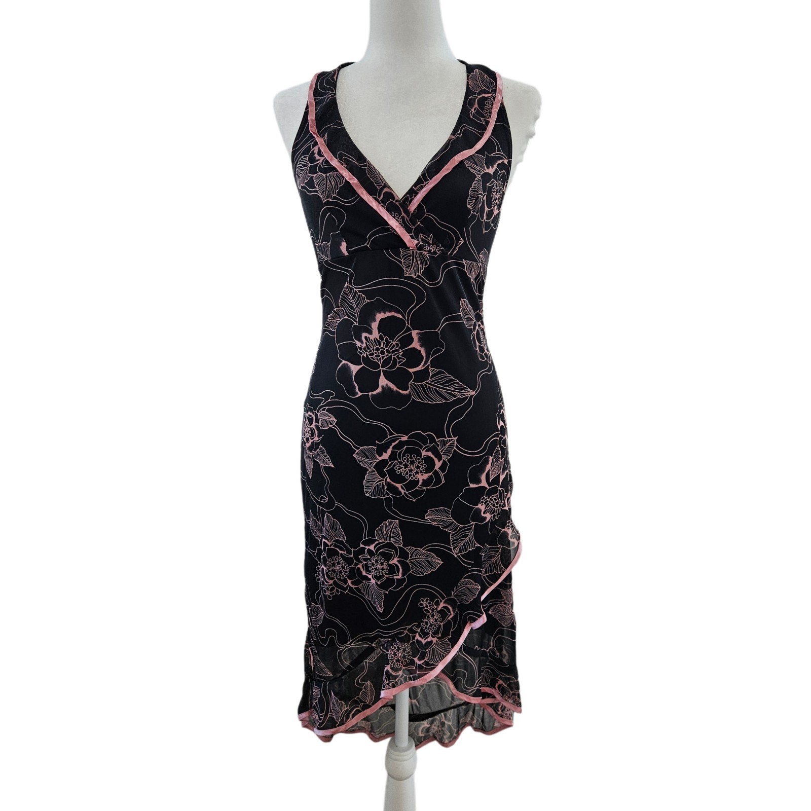 Vintage Y2k Ruby Rox Black Pink Floral Satin Trim Halter Fairy Dress Size M
