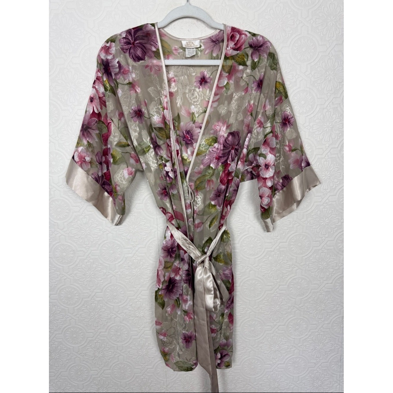 Vintage LA Intimates Floral Sheer Robe Medium Pink Lace Trim Tie Waist Style