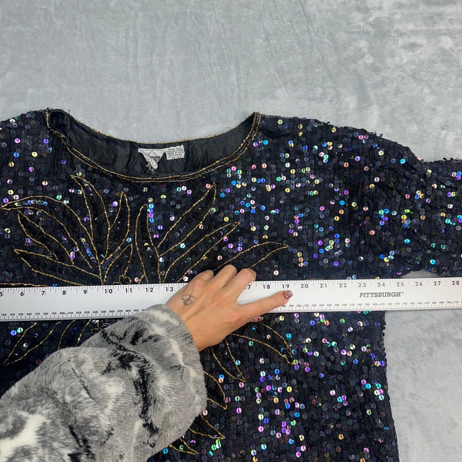 Cotton Castle Vintage Silk Sequin Beaded Top Black Iridescent Floral Sunburst XL