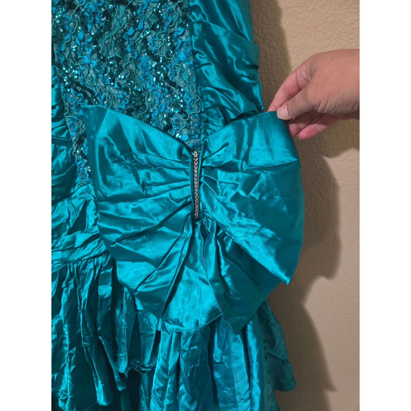 Vintage Zum Zum Teal Satin Sequin Mermaid Prom Dress Bow 80s 90s Size 10