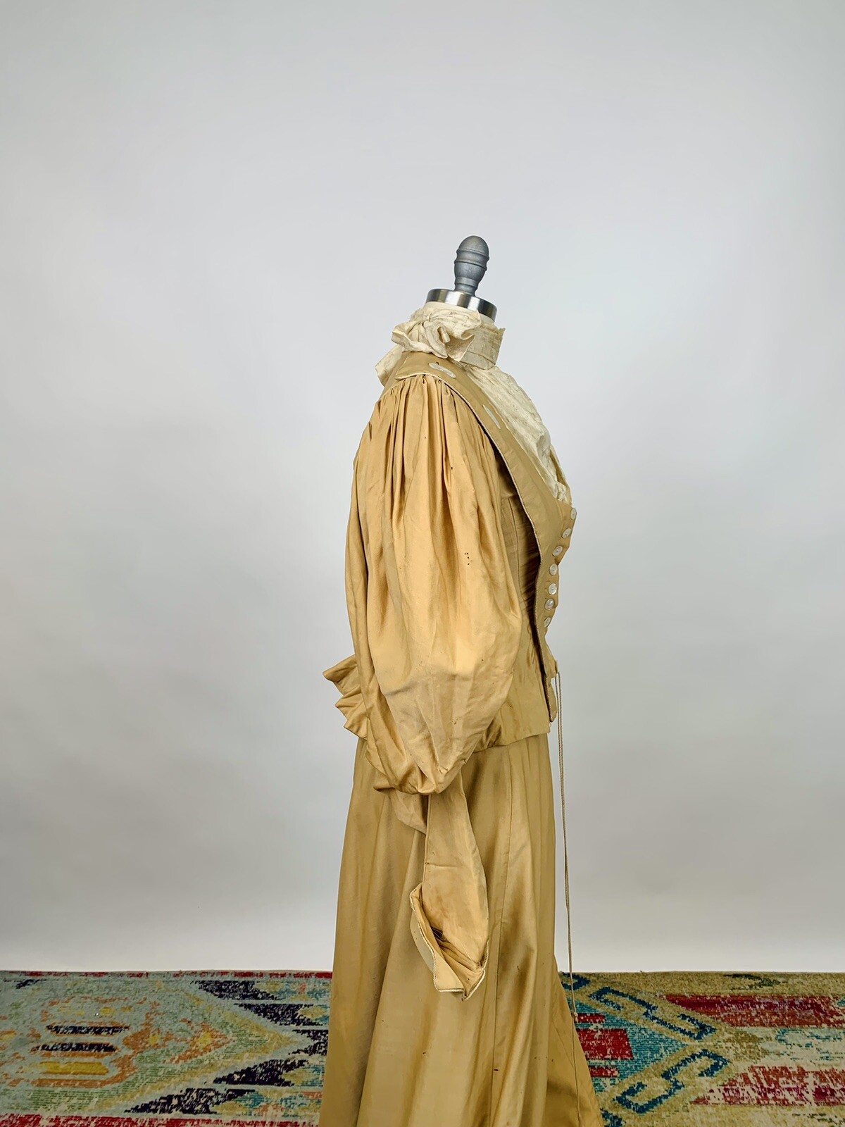 Antique Victorian 1890s Bodice & Skirt Set Tan Silk Leg of Mutton Sleeve AS IS