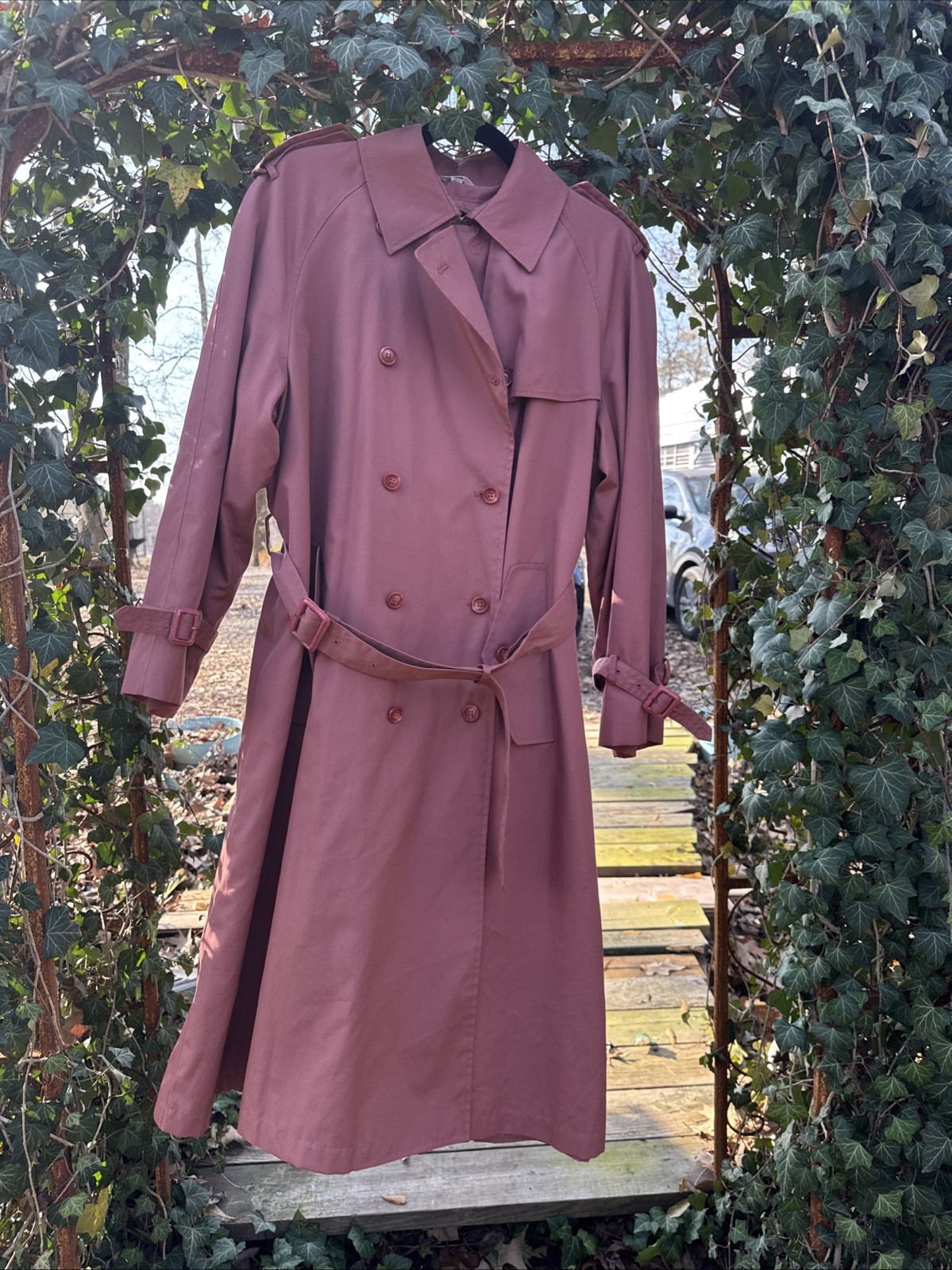 Vintage 1970s JC Penney Women’s Fitted Pink Trench Coat Dusty Rose Wool Medium