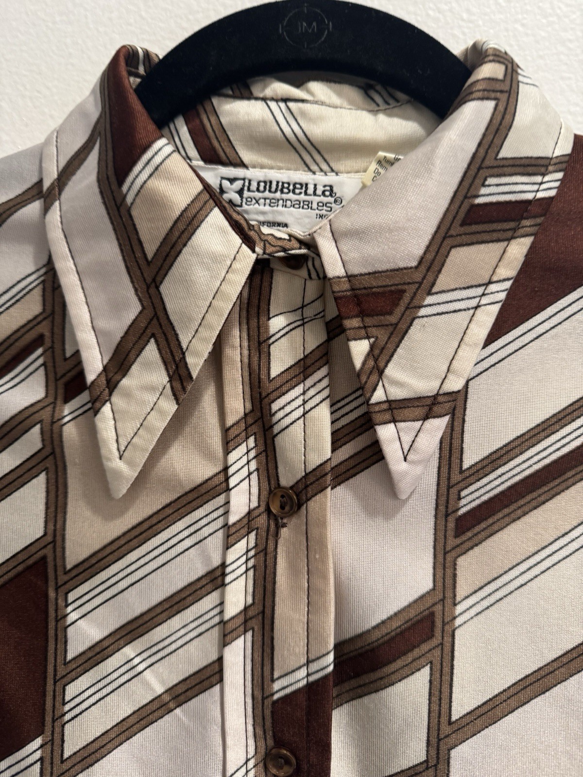 VTG 1970s Geometric Print Spearcollar Button Front Blouse In Cream + Brown MCM