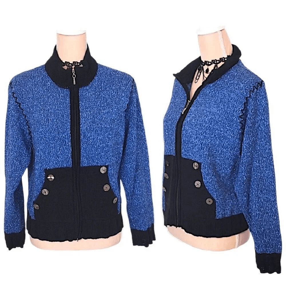 VTG 80s 90s Fia Italia Handloomed Blue Black Knit Zip Cardigan Sweater XL