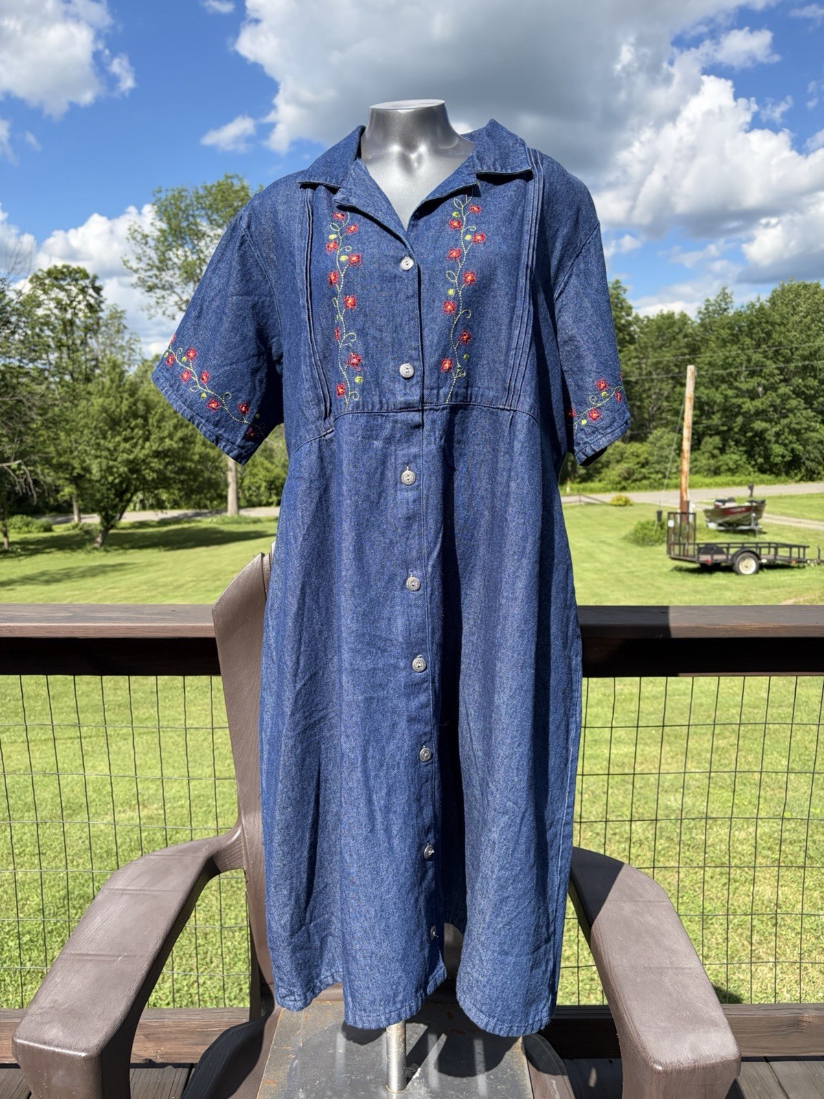 ANNA MAXWELL VINTAGE DENIM SHIRT DRESS SZ 1X EMBROIDERED BOHO MIDI JEAN DRESS