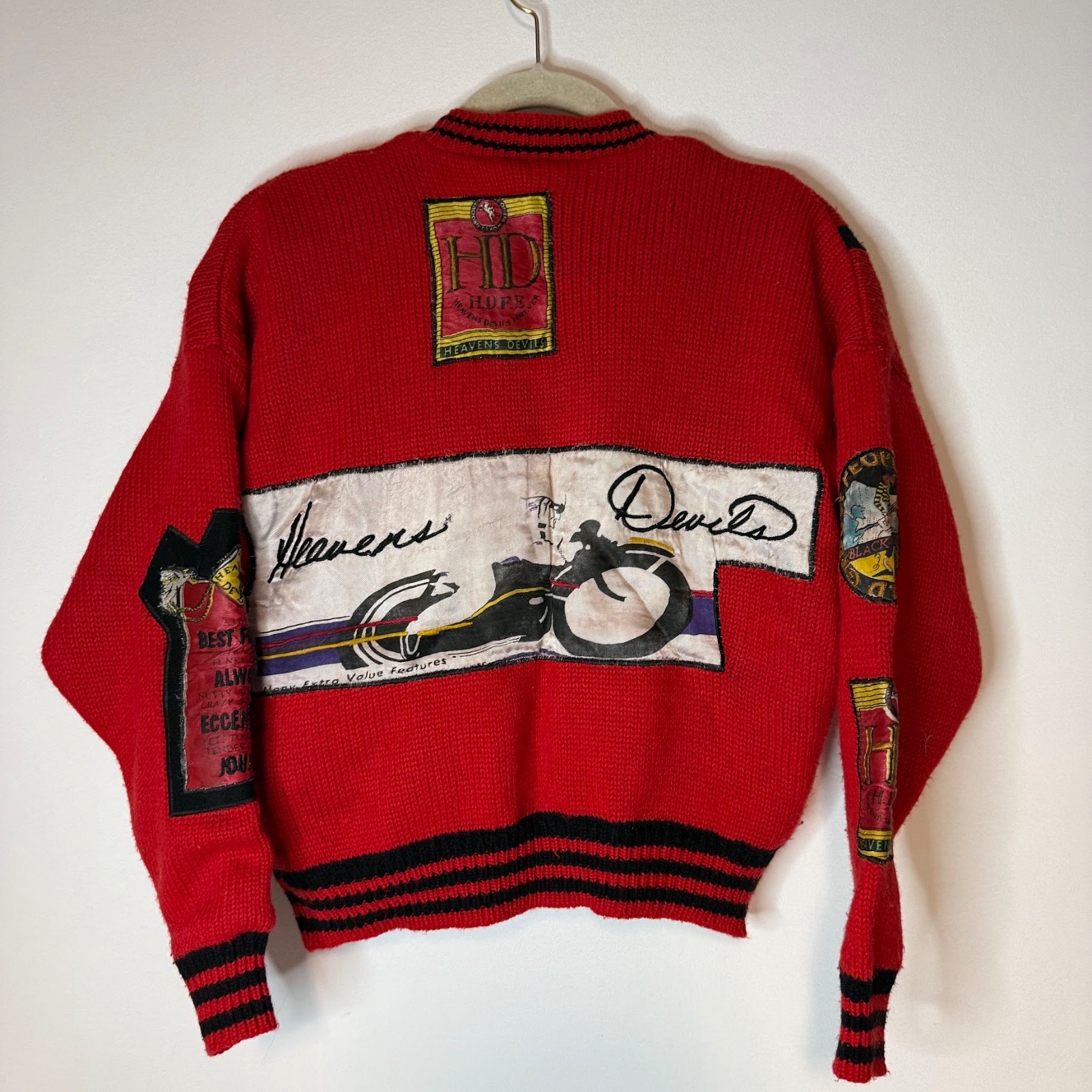 VTG JouJou 80s 90s Heavens Devils Moto Patches Cardigan Chunky Womens M