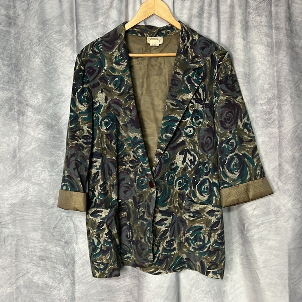 *Vintage* Jessica Scott Petite 90s Teal, Purple & Olive Green Abstract Blazer