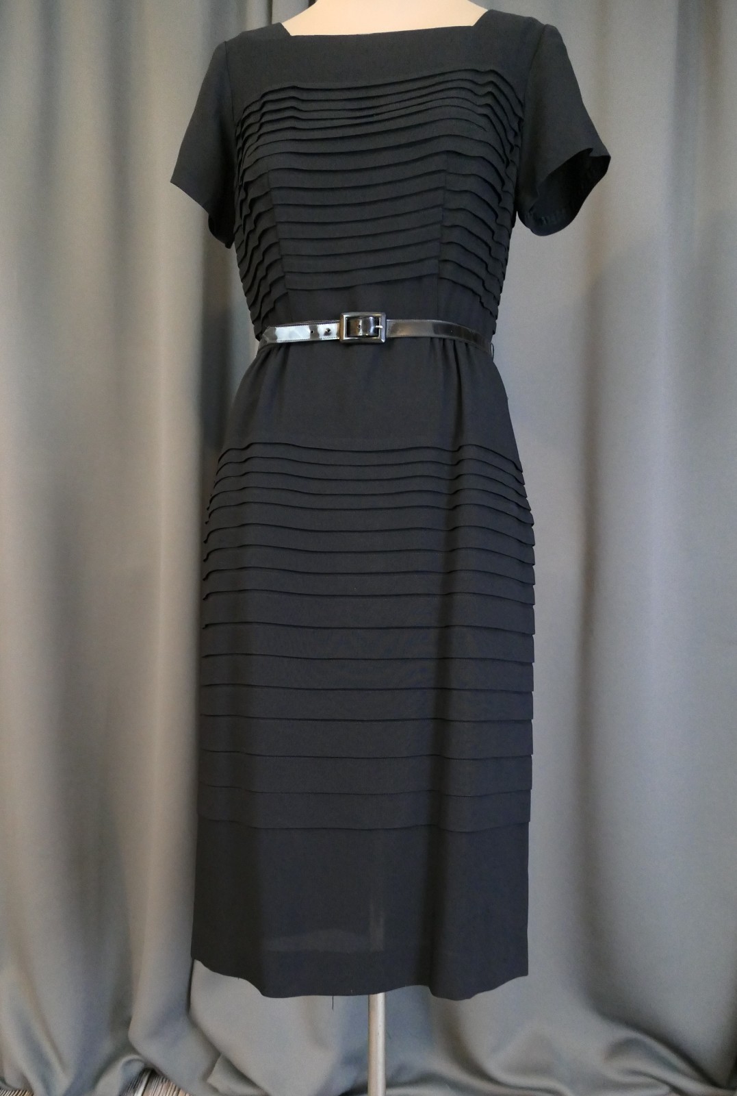 Vintage 1950s Black Pleated Dress, Hourglass Fitted, Gloria Swanson, 35 bust