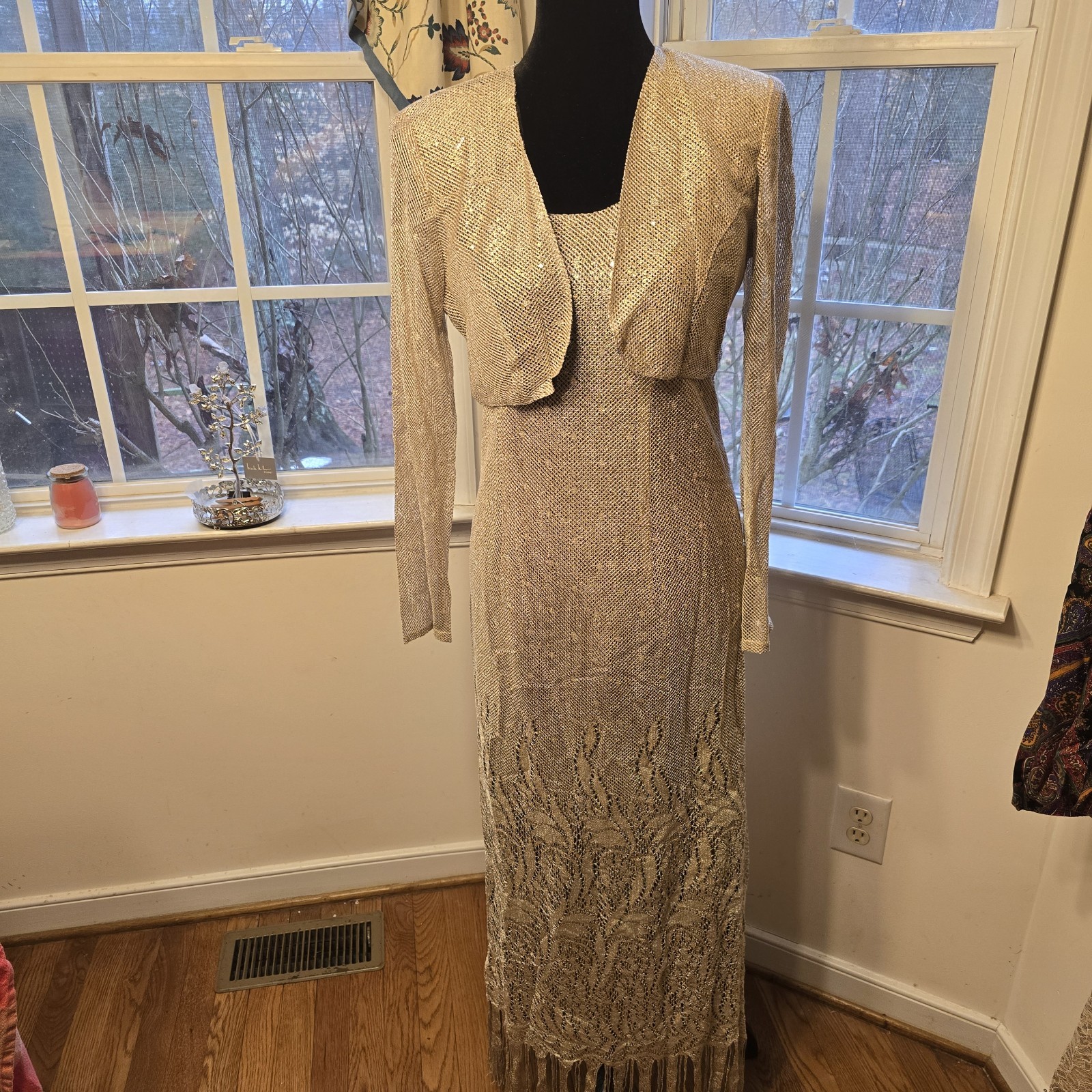 Vtg Onyx Nite Champagne Metallic Sequin Gown Bolero Jacket Set Size 6 Fringe Hem