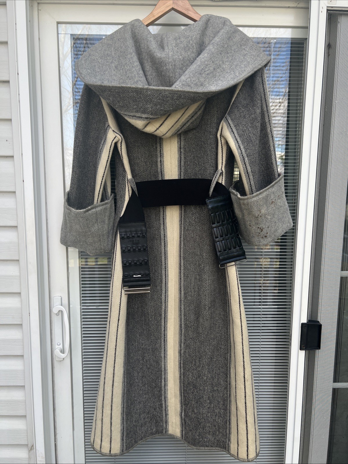 Vintage Pea Coat 100% Virgin Wool Casa De Lana Jr Belted Uruguay Gray Tan Black