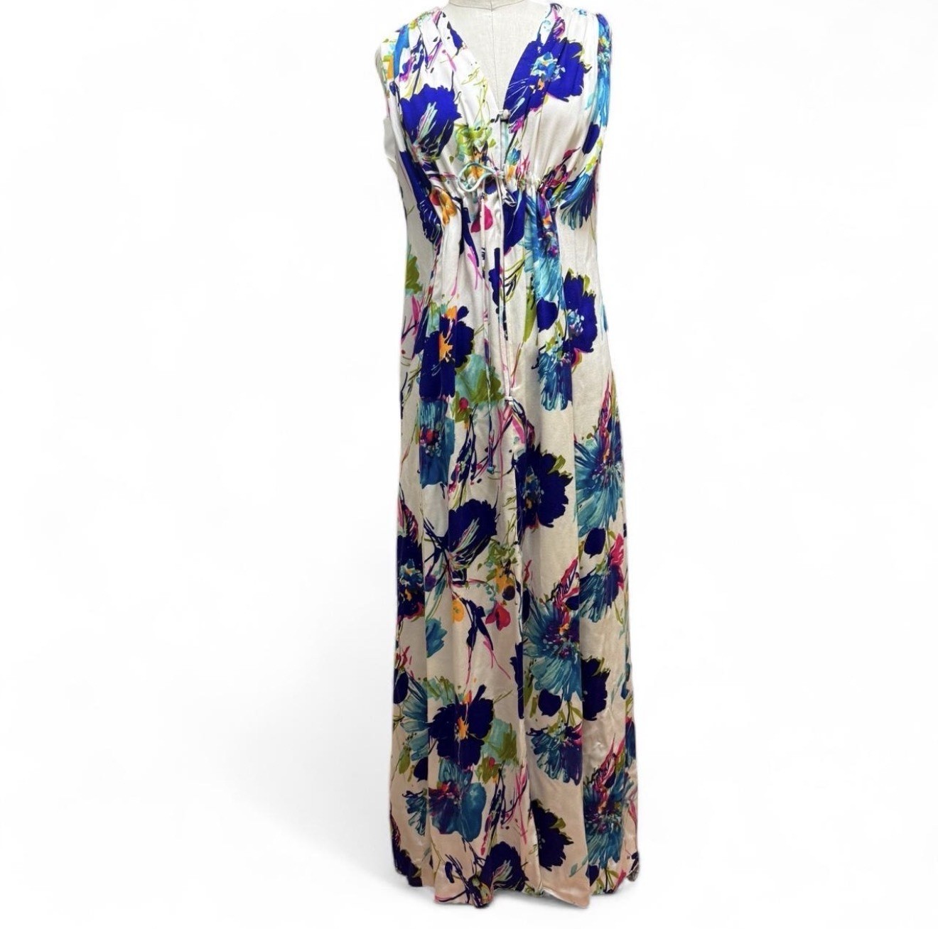 Vintage 70’s Sun fashions Of Hawaii Bright Tropical Maxi Dress Adjustable Tie