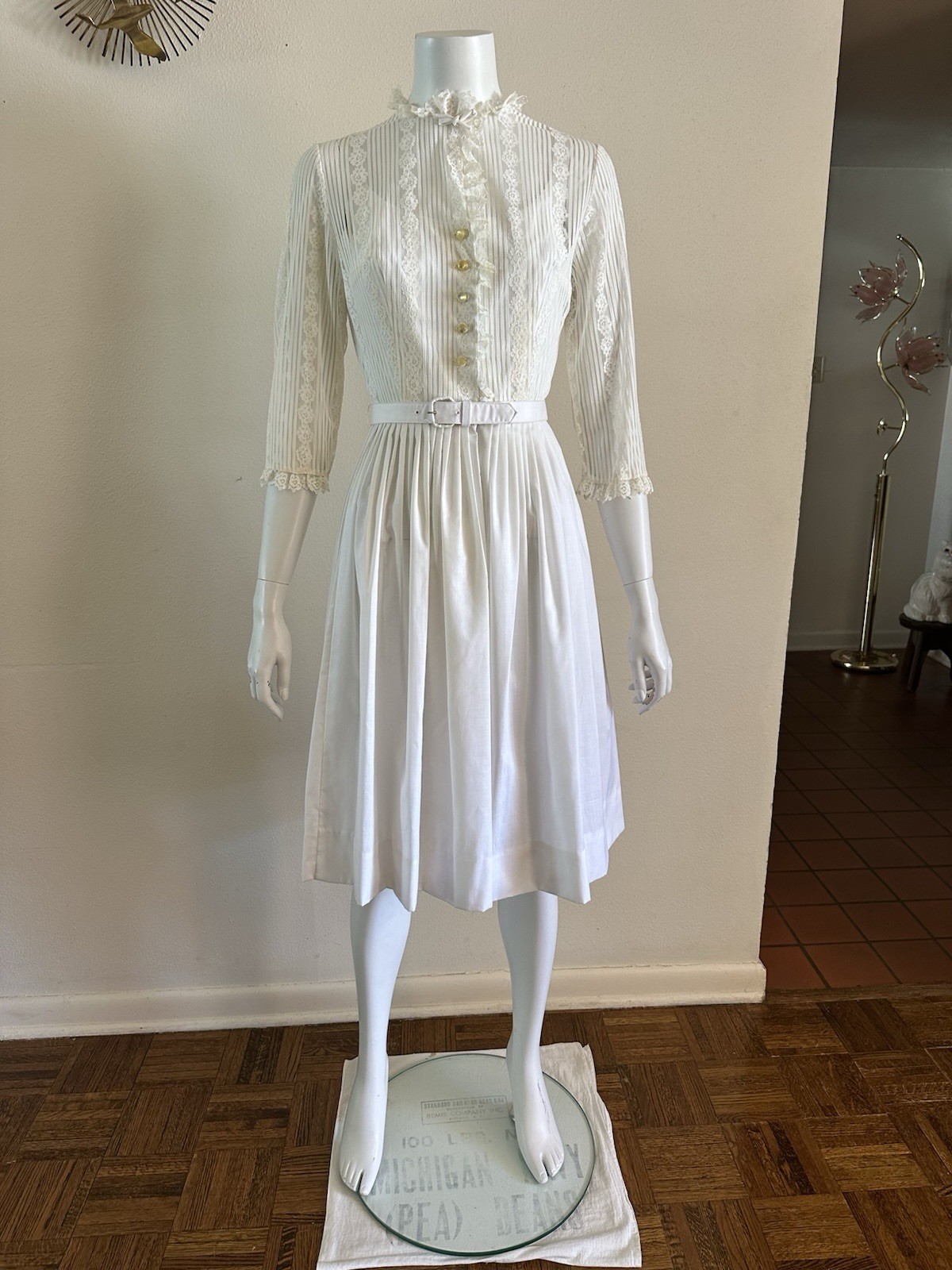 1960s 70s Judy Rhodes Victorian Revival Pleated Lace Dress Prairie Romantic VTG