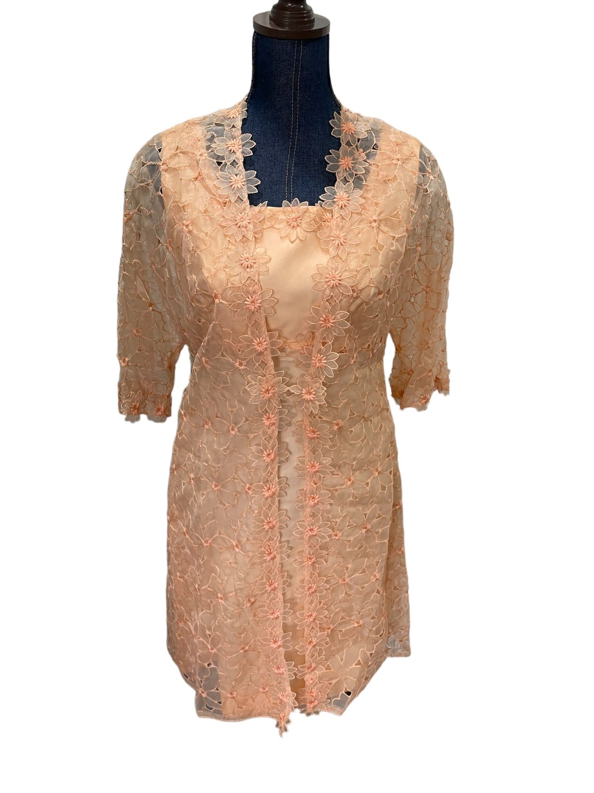 Vintage 1960/70s Union Made Sylvia Ann Peach Dress With Matching Sheer Overcoat