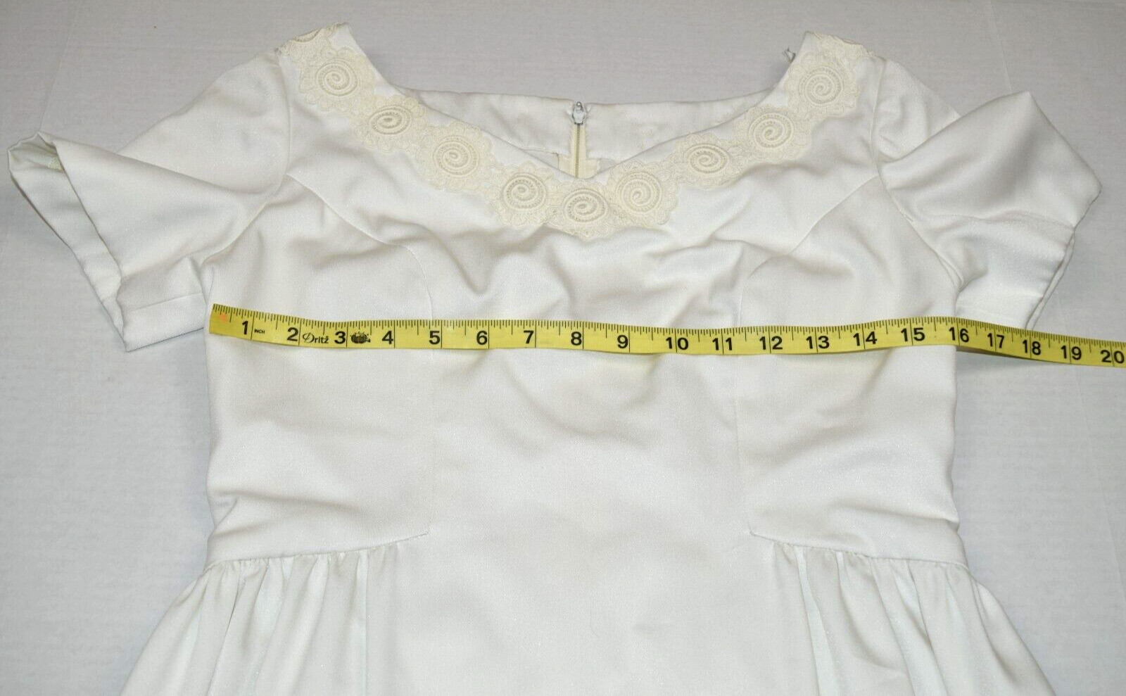Vintage Wedding Dress Size S 60s Pearl Embroidered Trim Back Pleats Short Sleeve