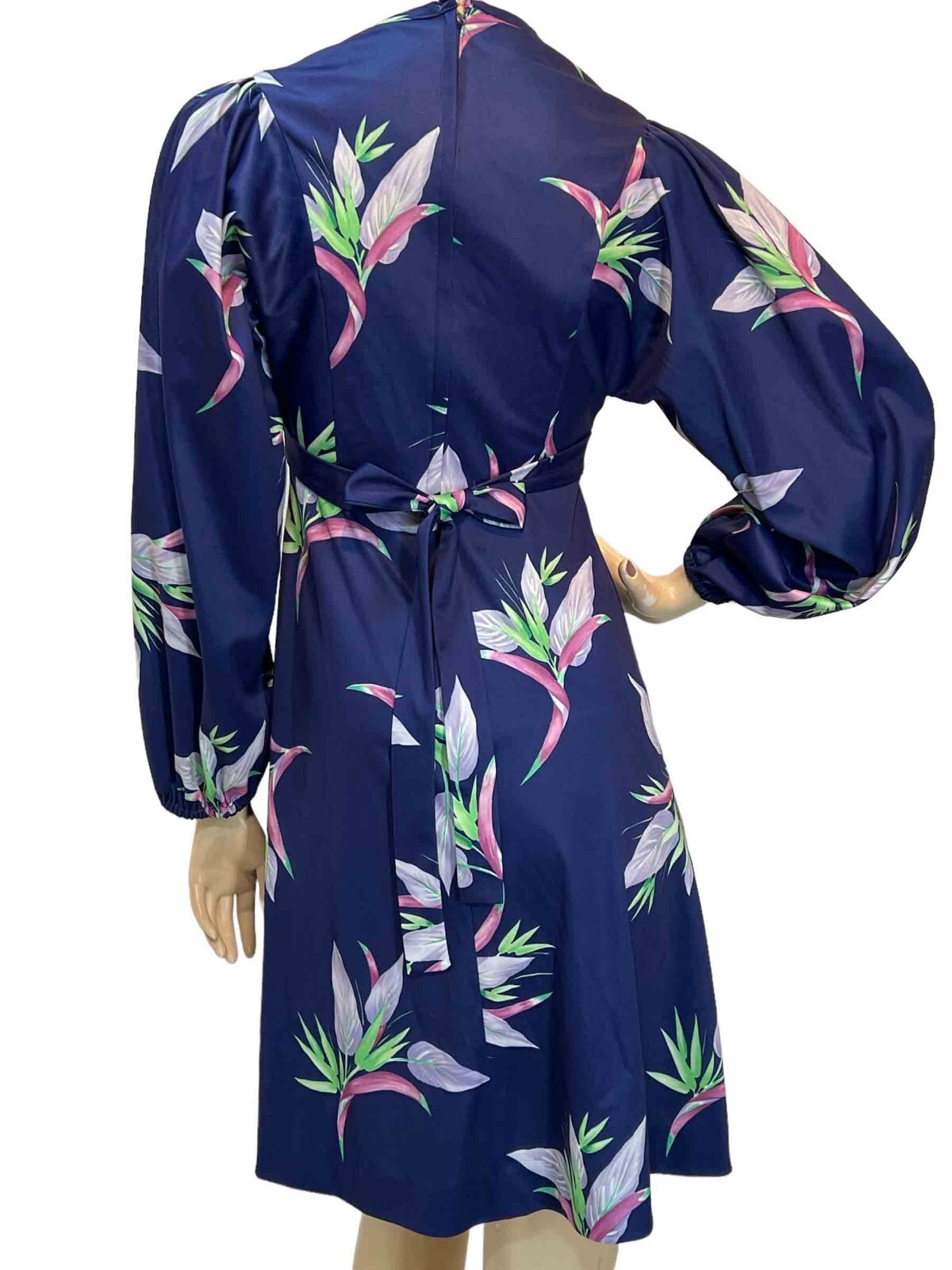 EUC S~M Vtg 70s Dress Navy BLUE Floral Petals High Waist Wide Sleeve BOHO Knit