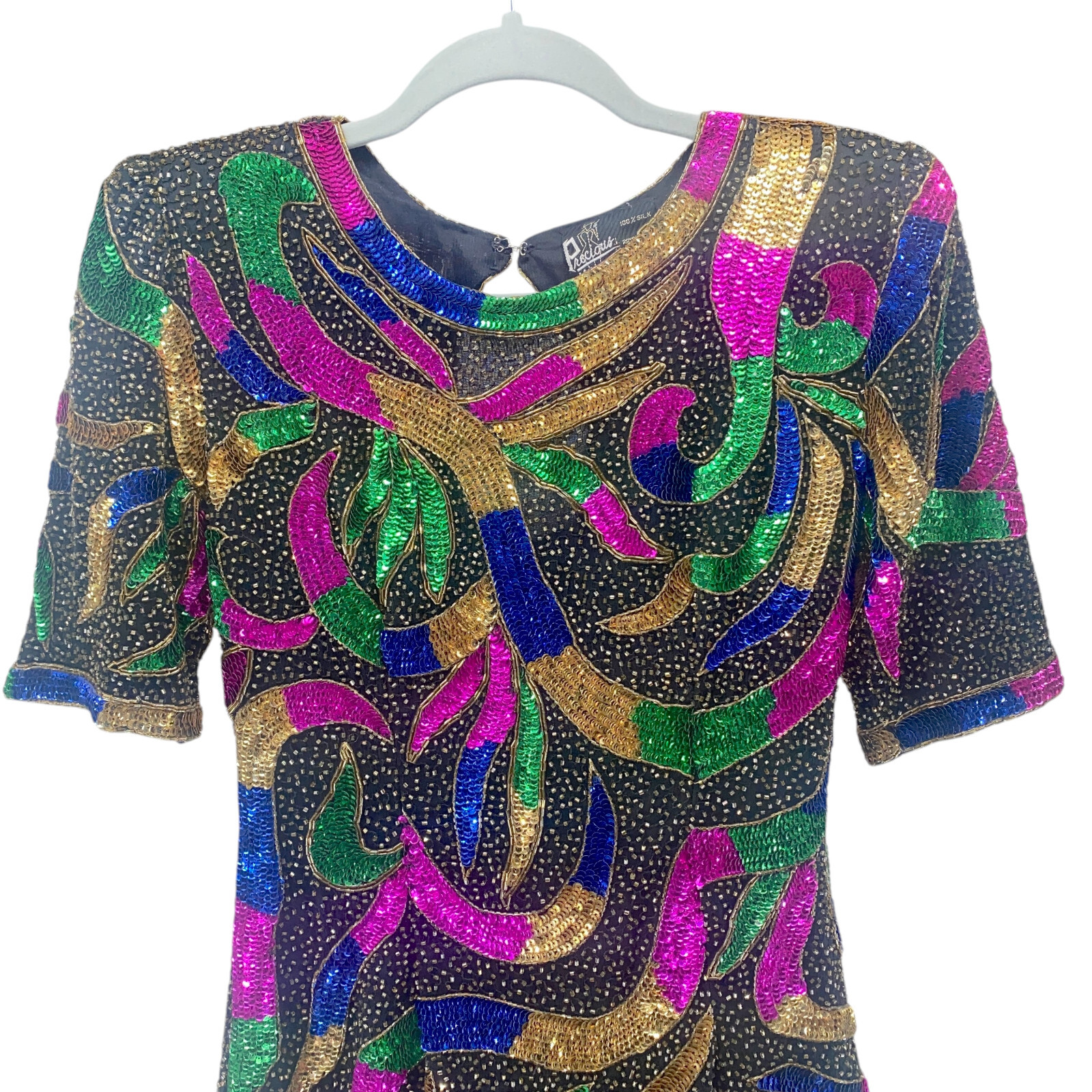 Precious Moments Vintage Sequined Dress Small Multi 100% Silk Beaded Sheath