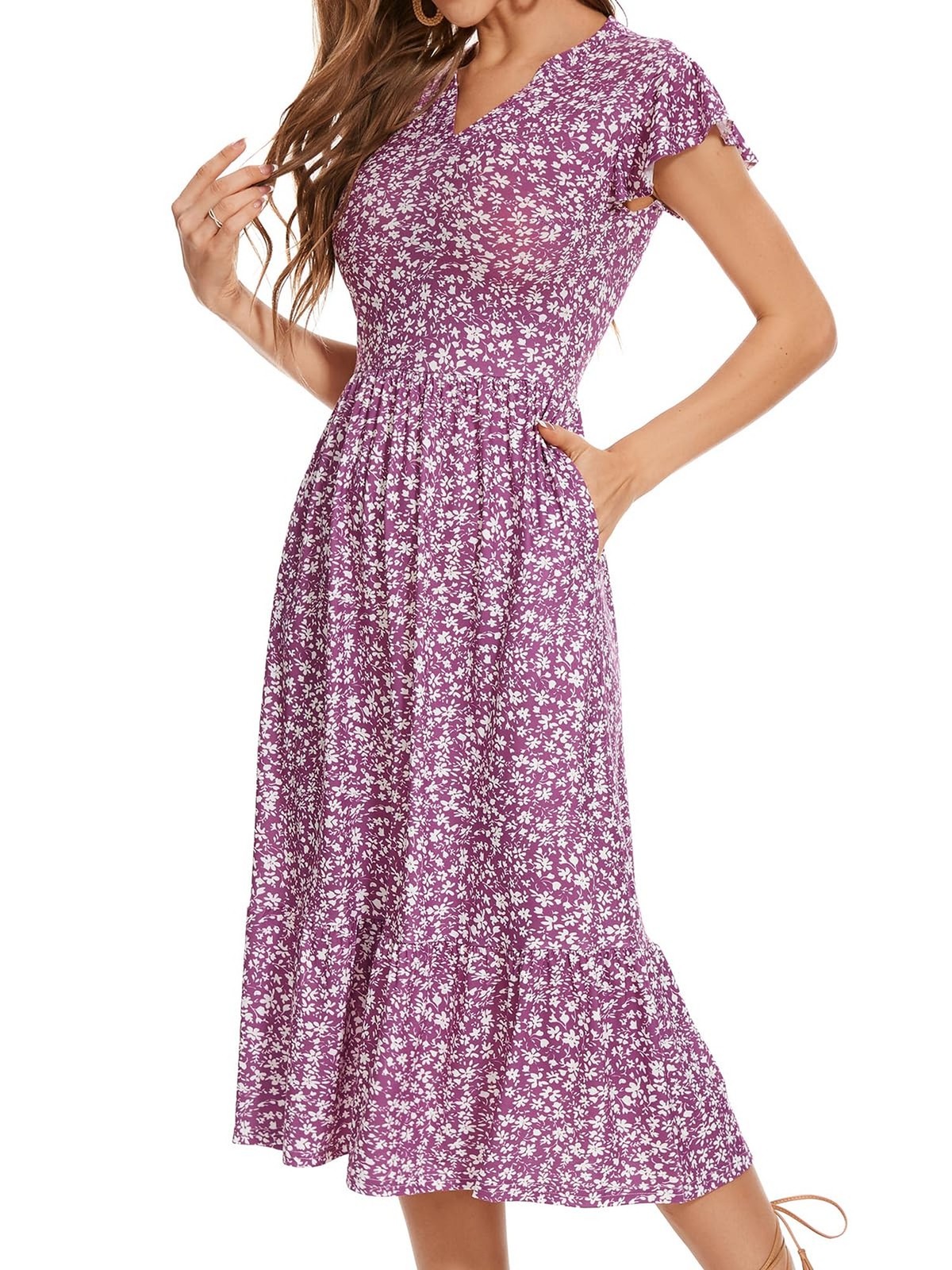 YIOYOLA Midi Dresses for Women 2026 Casual with Pockets Ruffle Sleeve Notched…