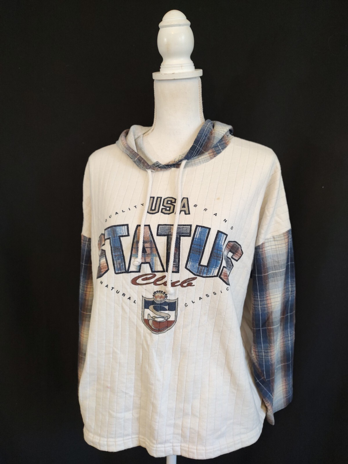 90’s Vintage Hoodie Shirt Grunge Plaid Sleeve USA Status Club Chest Graphic L/XL