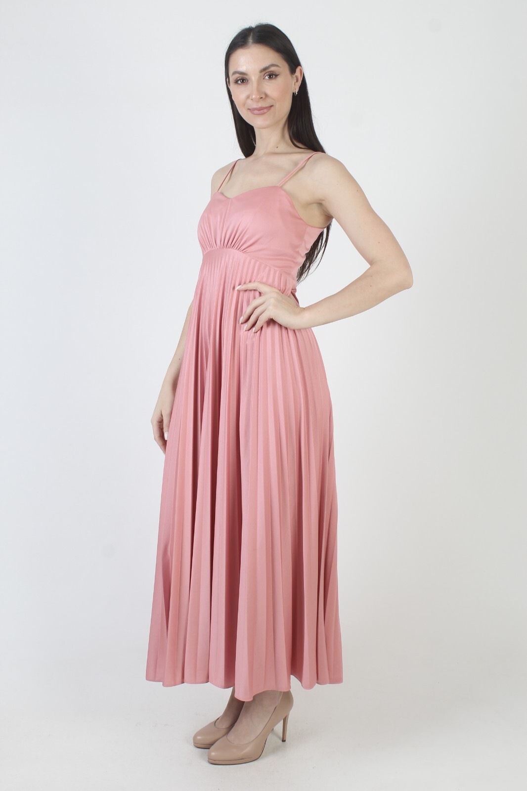 Vtg Pink Grecian Goddess Dress Salmon Spaghetti Strap Pleated Disco Dancing Gown