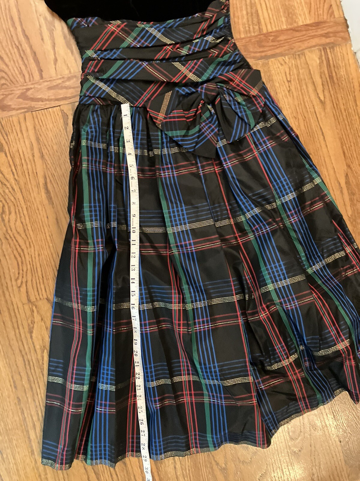 1980s Patty O`Neil Velvet & Plaid Taffeta Evening Dress, Ruching & Bow Size XS-S