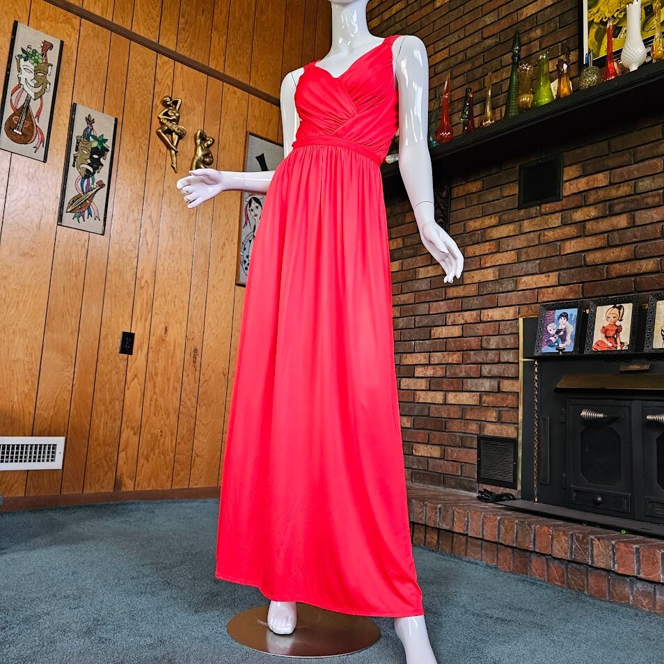 Vintage 70s Disco Cut Out Backless Red Draped Jersey Maxi Bra Dress Gown XS/S