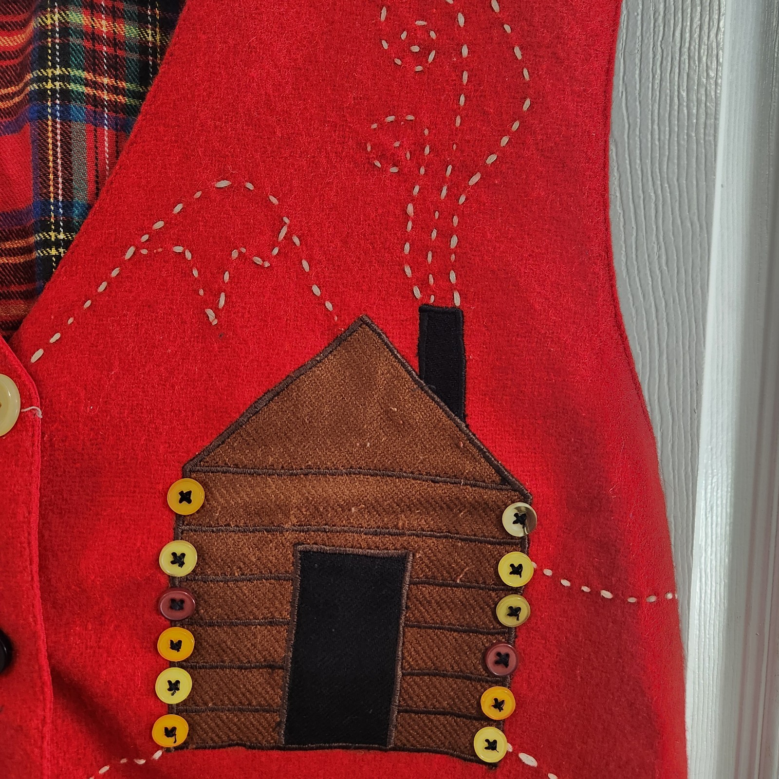 Vintage christmas vest wool holiday party lagenlook buttons embroidered women LG