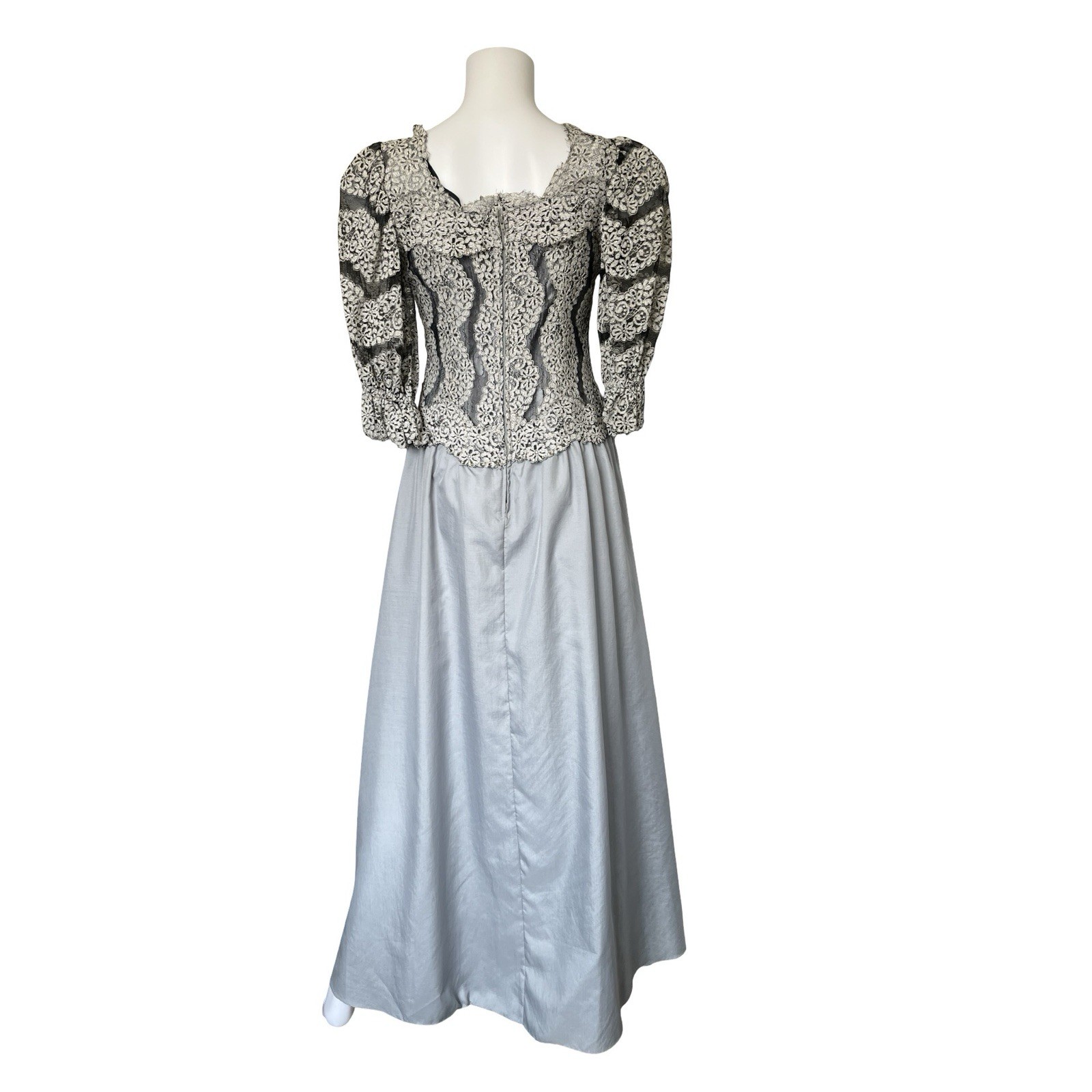 Vintage 80s Special Occasion Dress Lace Blue Gray Maxi Mother of the Bride 6