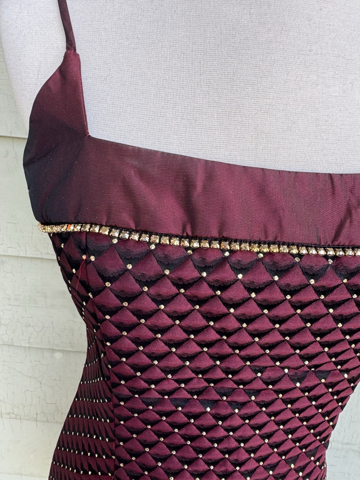 Vtg 90’s Jessica McClintock Mini Dress Burgundy Gold 7 Rhinestones Square Neck