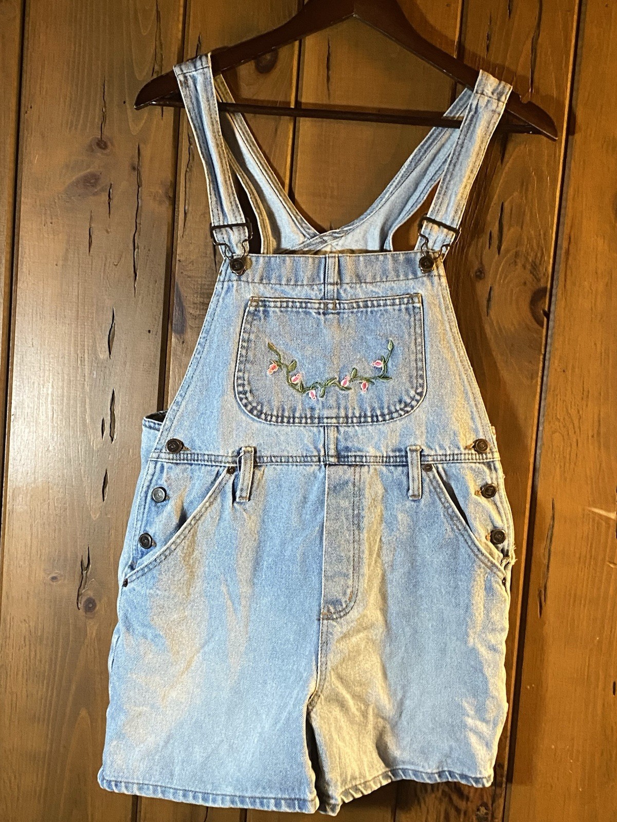 VTG 90s L.e.i. Floral Embroidered Denim Overall Shorts Light Wash USA M