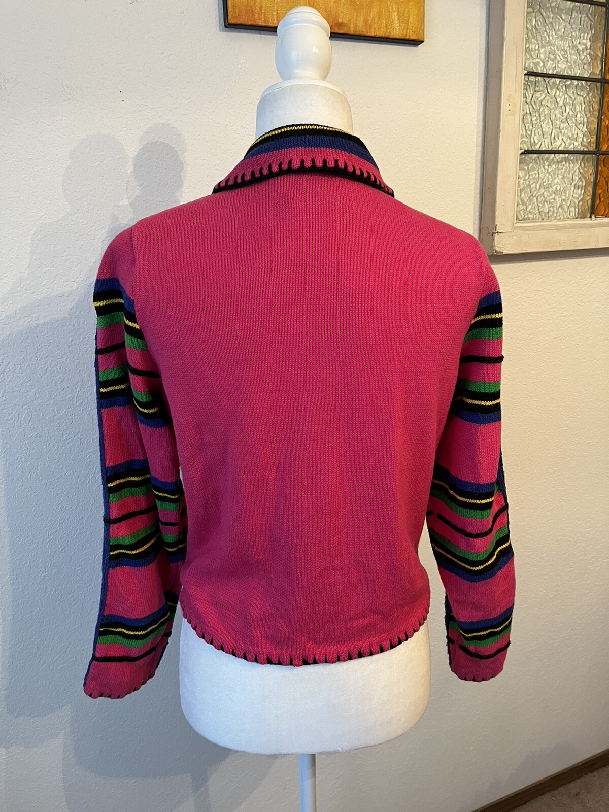 Vtg 90’s Michael Simon Hot Pink Multi Button Up Cardigan Wm Med Petite Collared