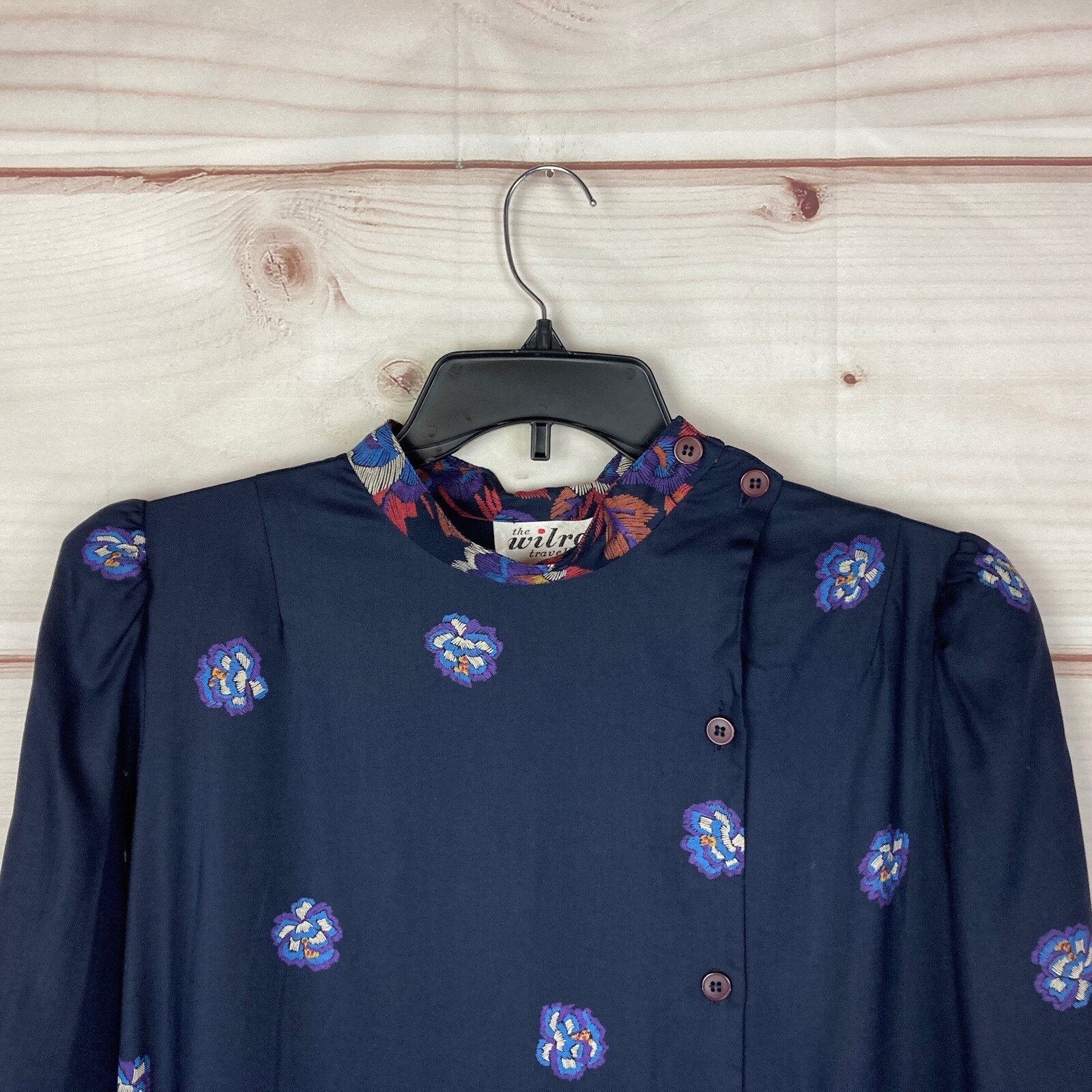 The Wilroy Traveler Vintage Dress Womens 20 Blue Floral Mock Neck Button Front