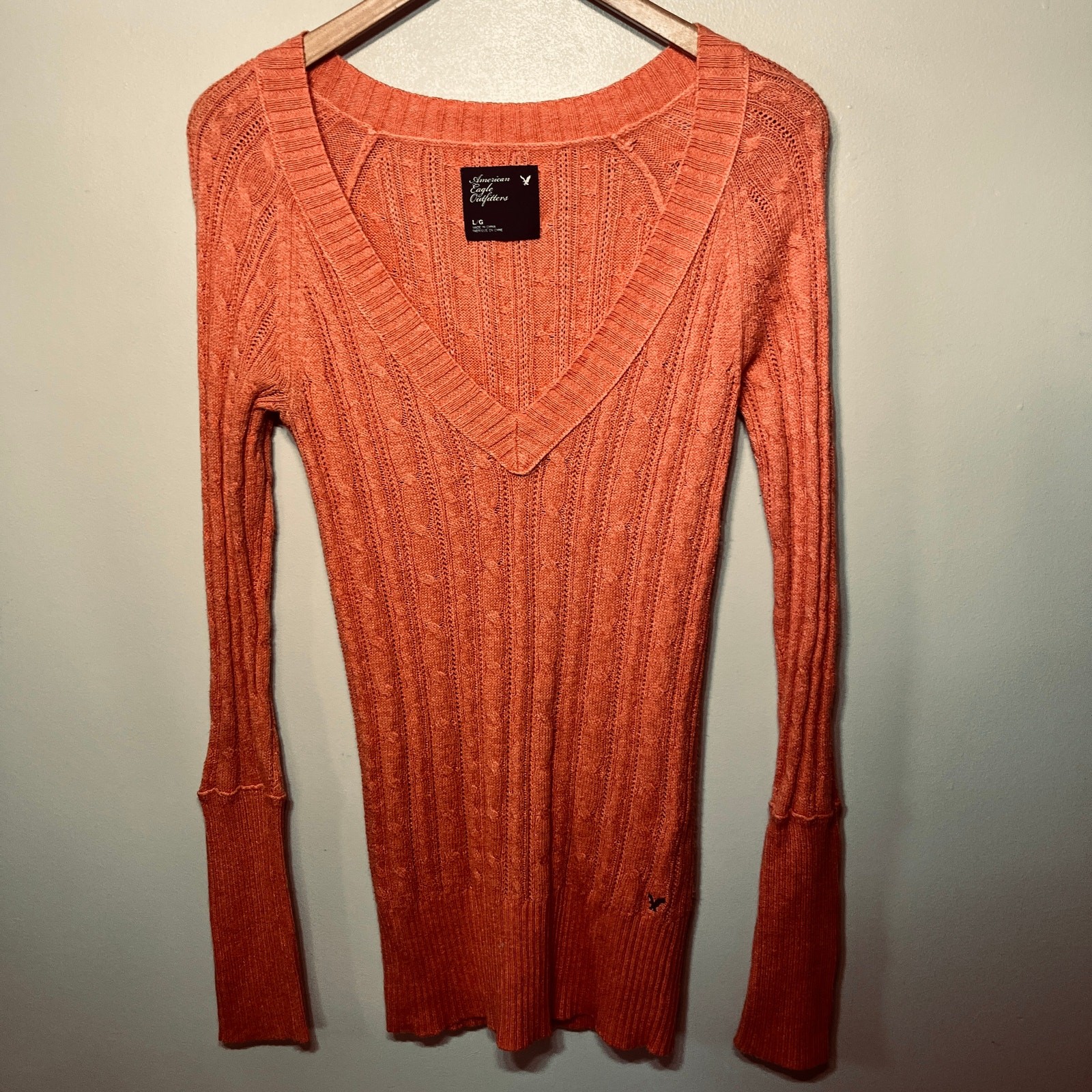 American Eagle Sweater Y2K Academia Peach Deep V Neck Long Sleeve Ribbed Knit L