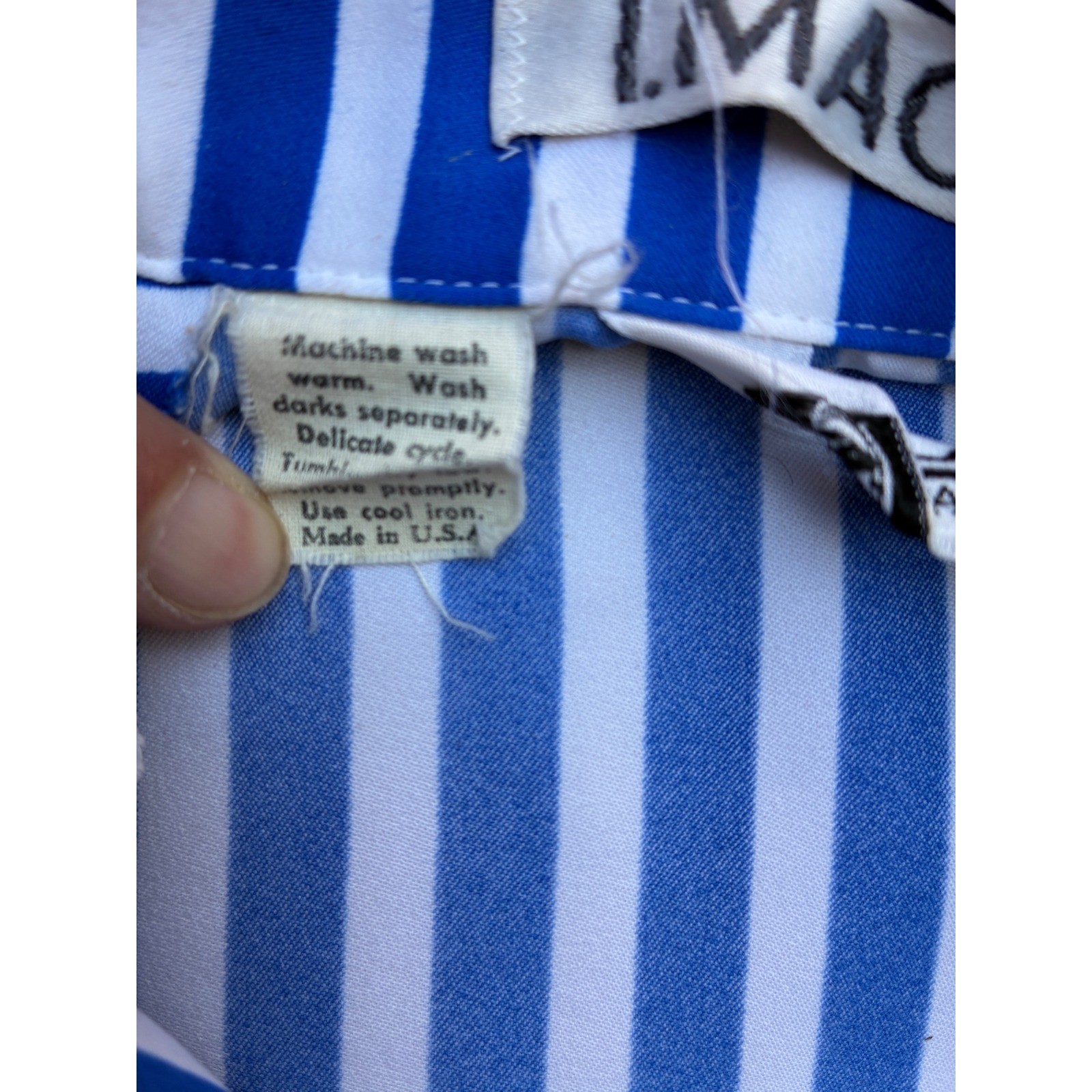 Vintage Lanvin I Magnin Blue White Striped Op Art Shirt Dress Belted Size 16