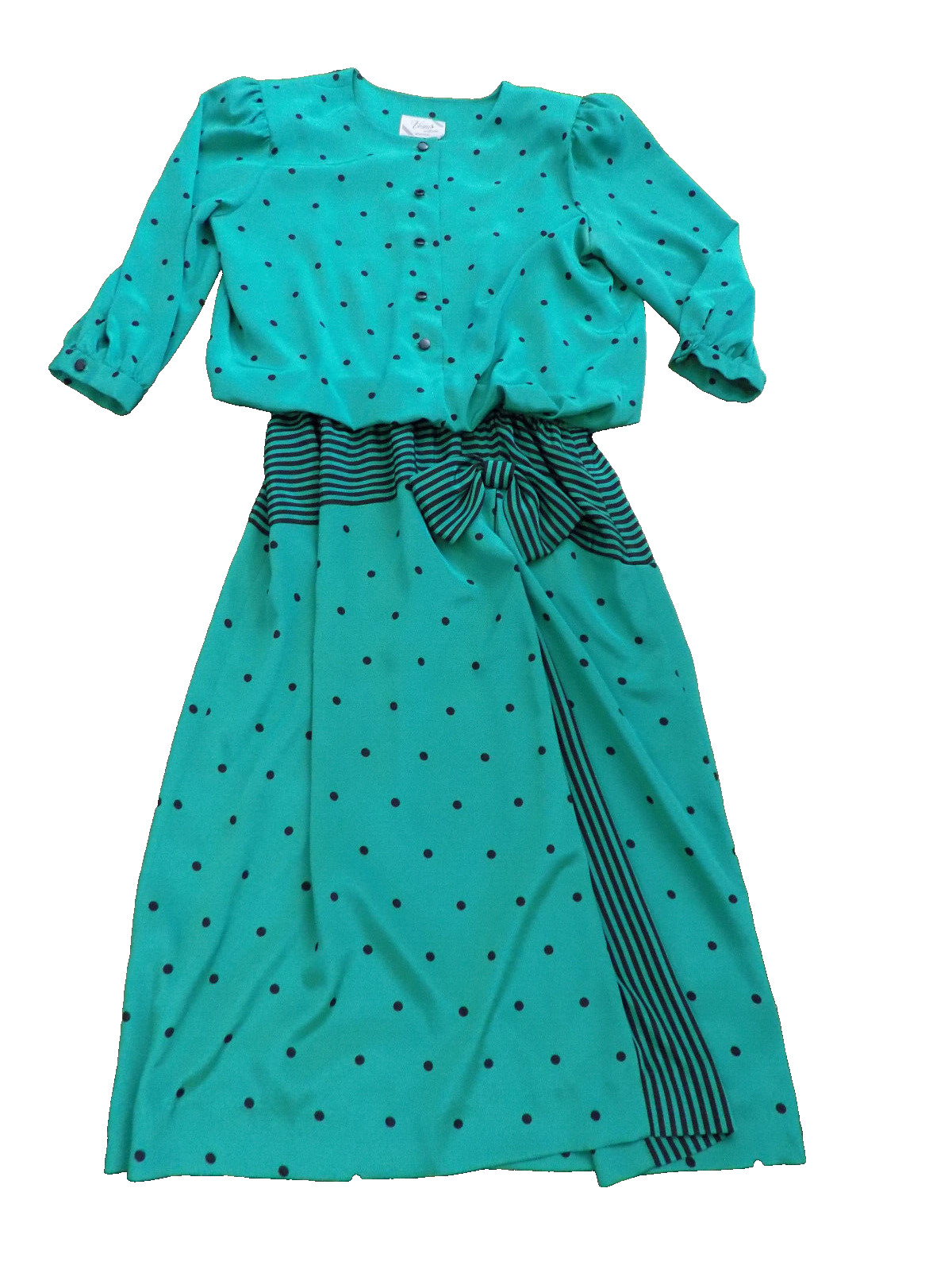 Vtg Venus 80s Dress Green Polka Dot Striped accents waist button Bow Blouson M
