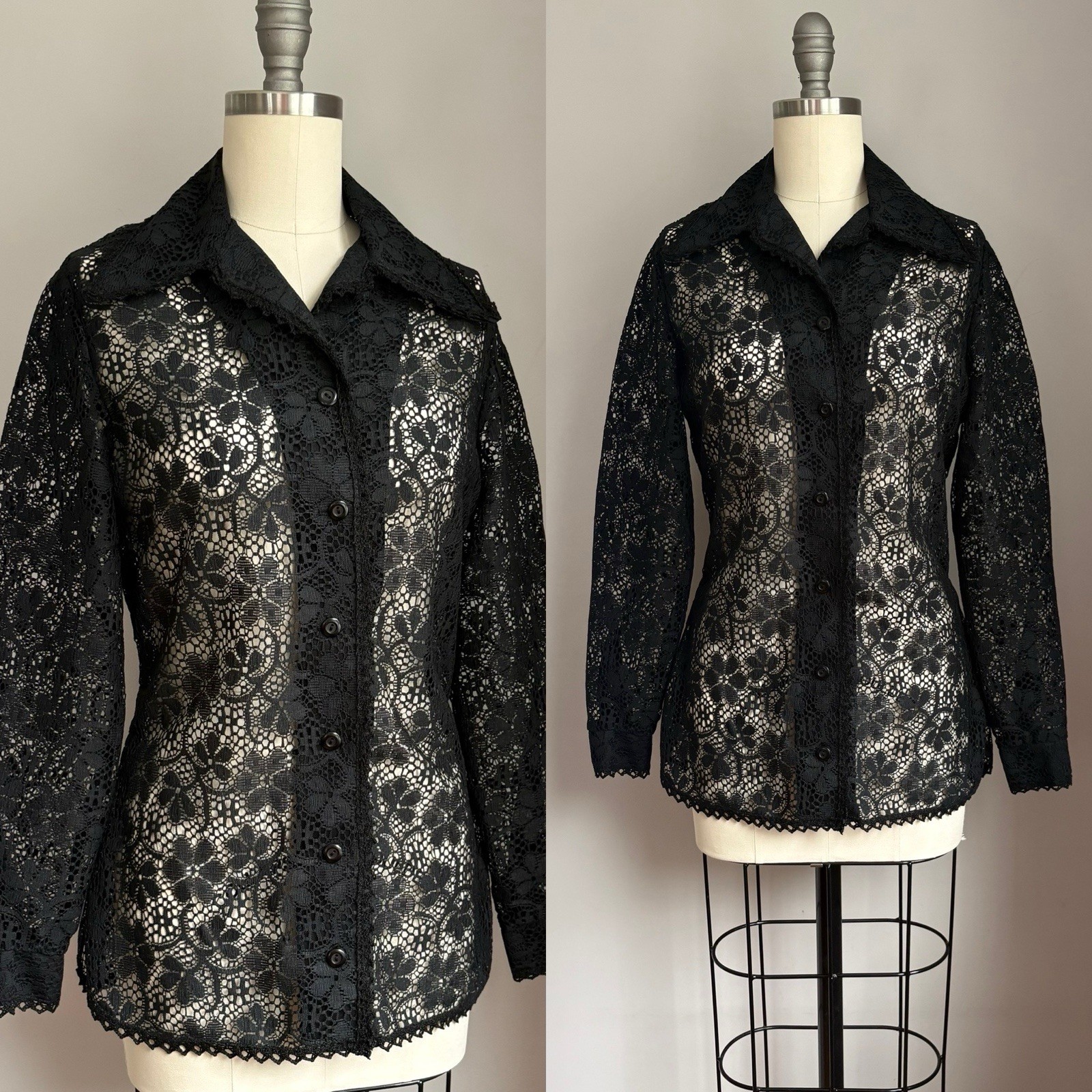 Vintage 1970’s Jet Black Fred Lief Lace Dagger Collar Button Down Shirt Small